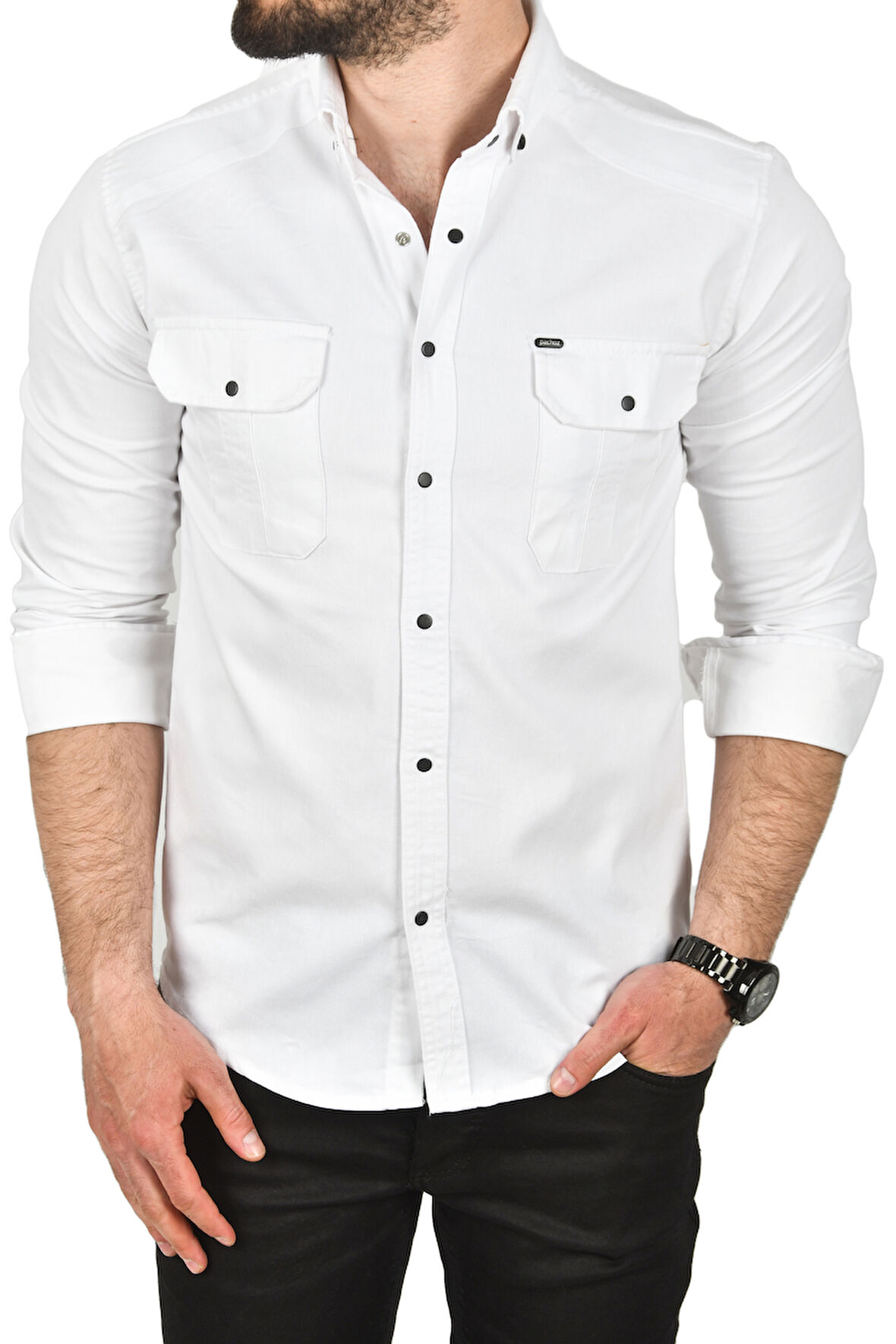 DeepSEA Erkek Beyaz Slim Fit Kolay Ütülenebilir Pamuklu Spor Gömlek Likralı Kot Gömlek 2502505