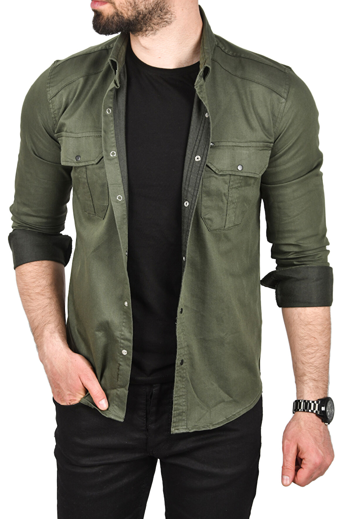 DeepSEA Erkek Haki Slim Fit Kolay Ütülenebilir Pamuklu Spor Gömlek Likralı Kot Gömlek 2502505