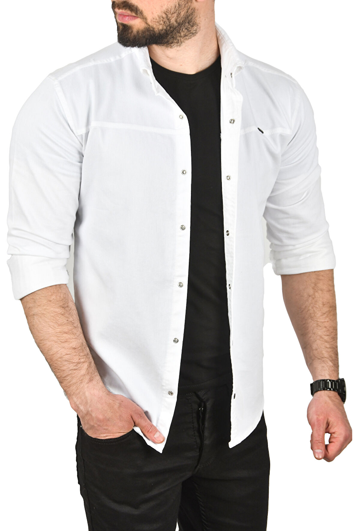 DeepSEA Erkek Beyaz Slim Fit Pamuklu Kot Gömlek Kolay Ütülenebilir Çıt Çıtlı Likralı Spor Gömlek 2502504