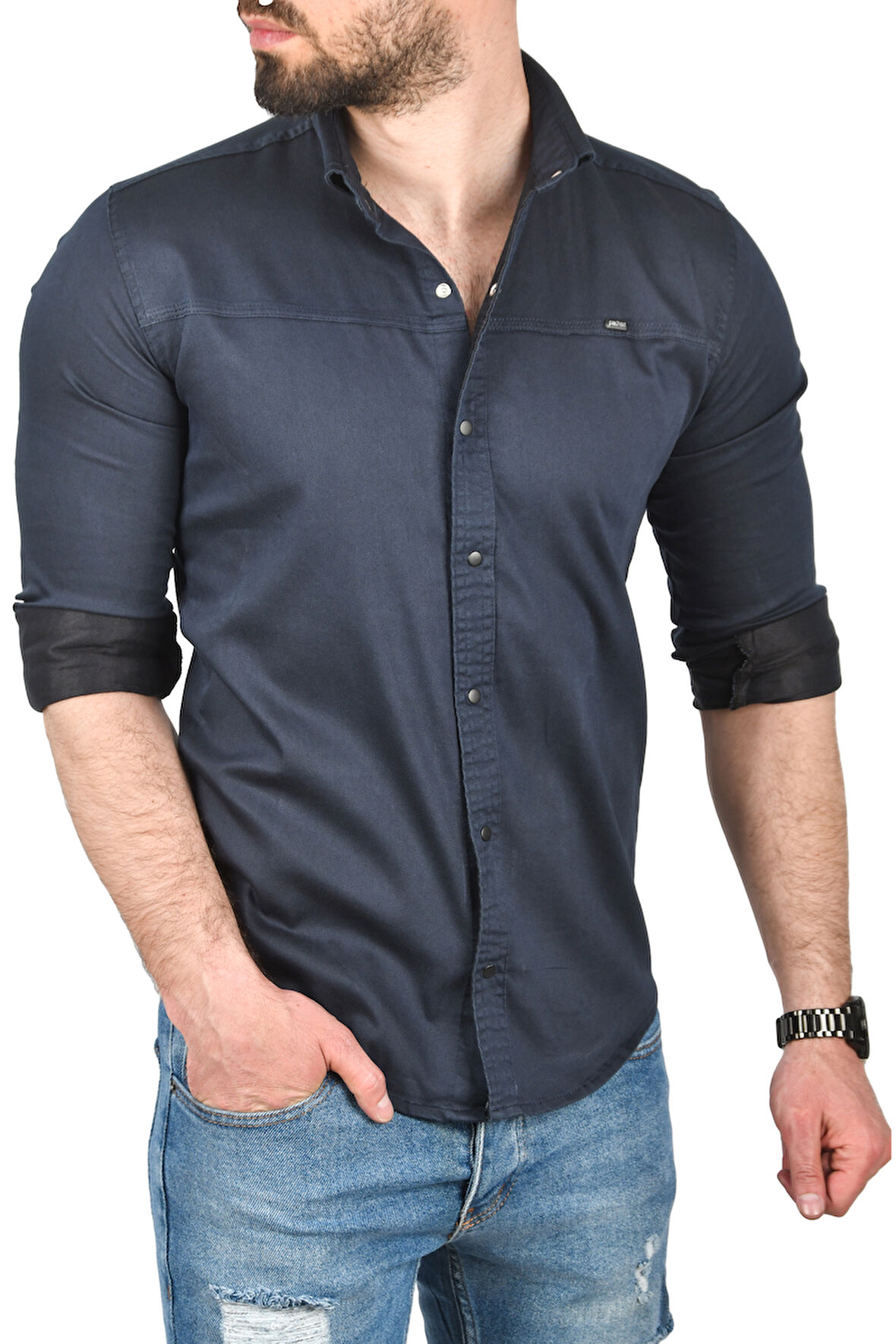 DeepSEA Erkek Lacivert Slim Fit Pamuklu Kot Gömlek Kolay Ütülenebilir Çıt Çıtlı Likralı Spor Gömlek 2502504