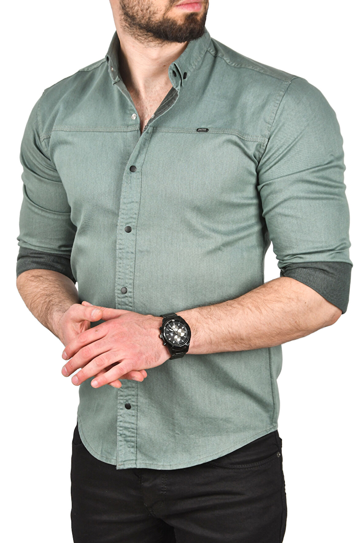 DeepSEA Erkek Yeşil Slim Fit Pamuklu Kot Gömlek Kolay Ütülenebilir Çıt Çıtlı Likralı Spor Gömlek 2502504