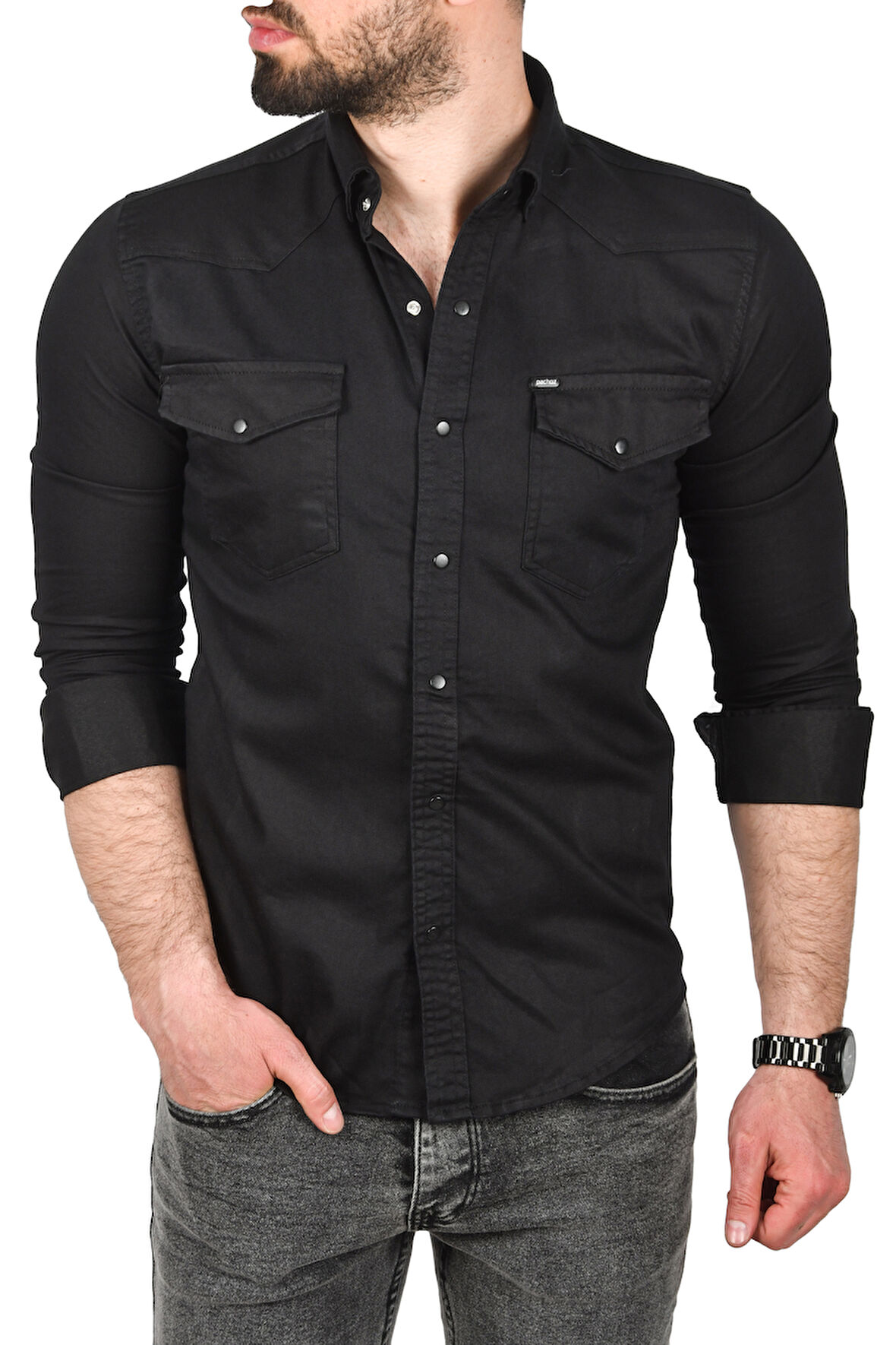 DeepSEA Erkek Siyah Slim Fit Pamuklu Cepli Kot Gömlek Çıtçıtlı Uzun Kollu Spor Gömlek 2502503