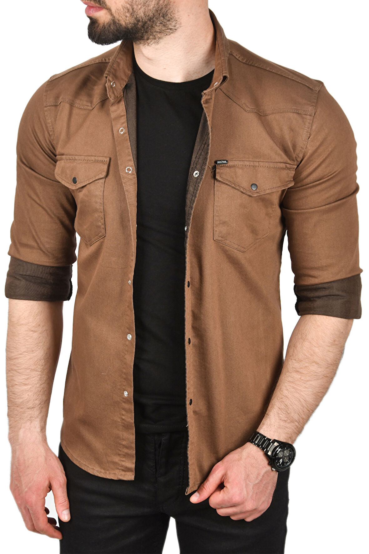 DeepSEA Erkek Kahve Slim Fit Pamuklu Cepli Kot Gömlek Çıtçıtlı Uzun Kollu Spor Gömlek 2502503