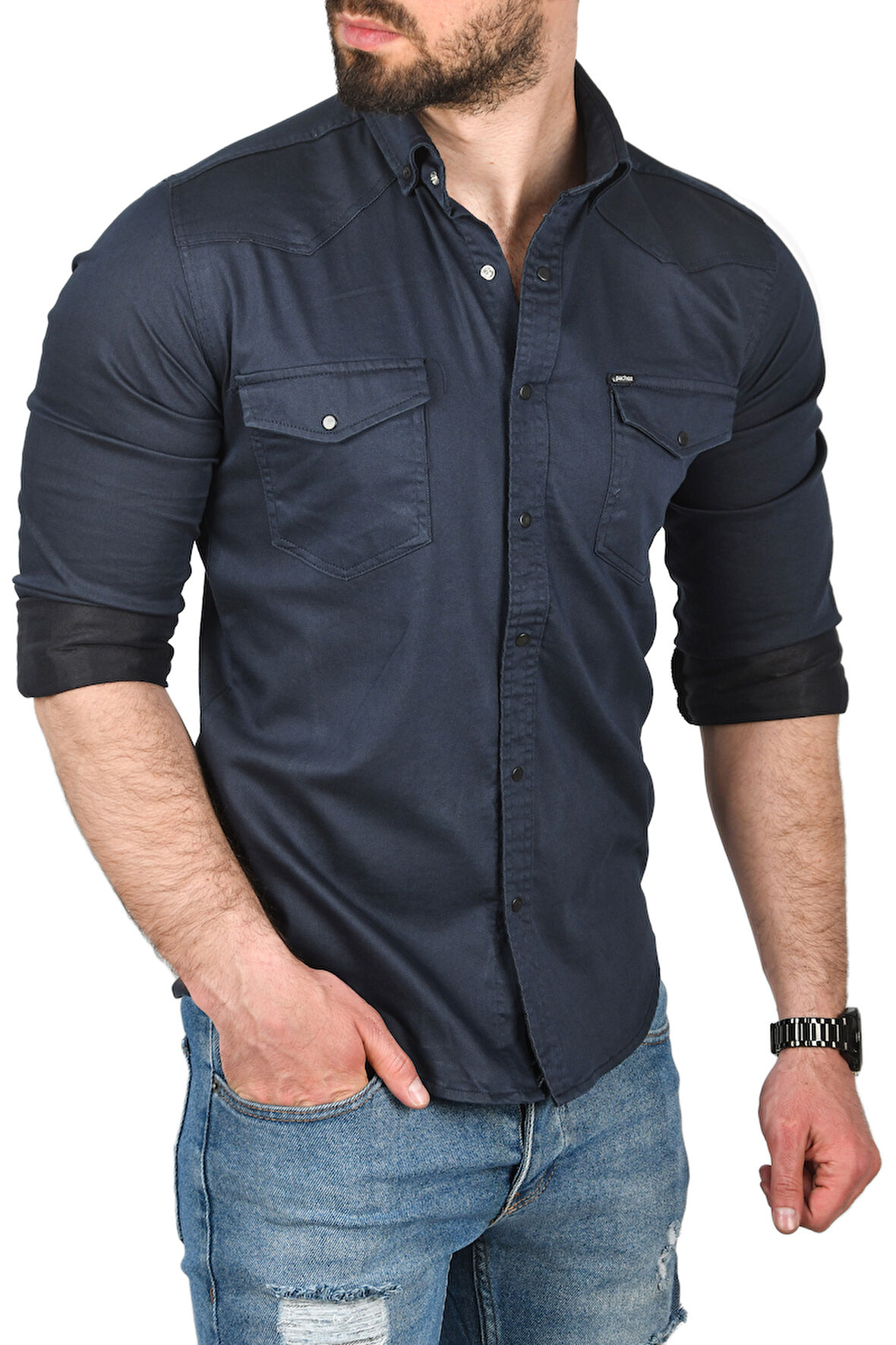 DeepSEA Erkek Lacivert Slim Fit Pamuklu Cepli Kot Gömlek Çıtçıtlı Uzun Kollu Spor Gömlek 2502503