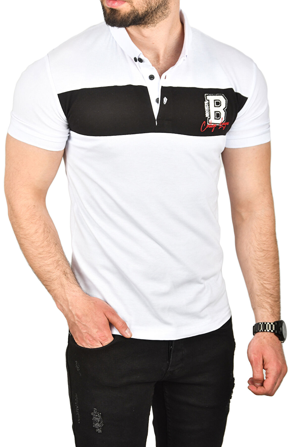 DeepSEA Erkek Beyaz Slim Fit Nefes Alan Pamuklu Kumaş Dar Kesim Kıvrılmaz Yaka Polo Yaka Tişört 2503019