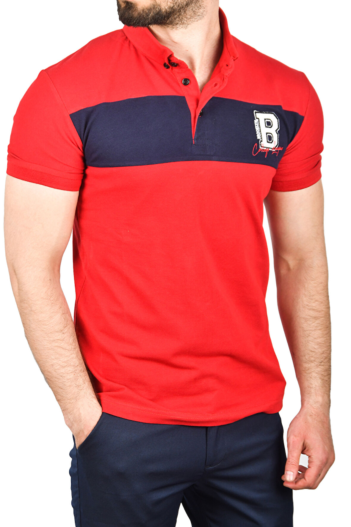 DeepSEA Erkek Kırmızı Slim Fit Nefes Alan Pamuklu Kumaş Dar Kesim Kıvrılmaz Yaka Polo Yaka Tişört 2503019
