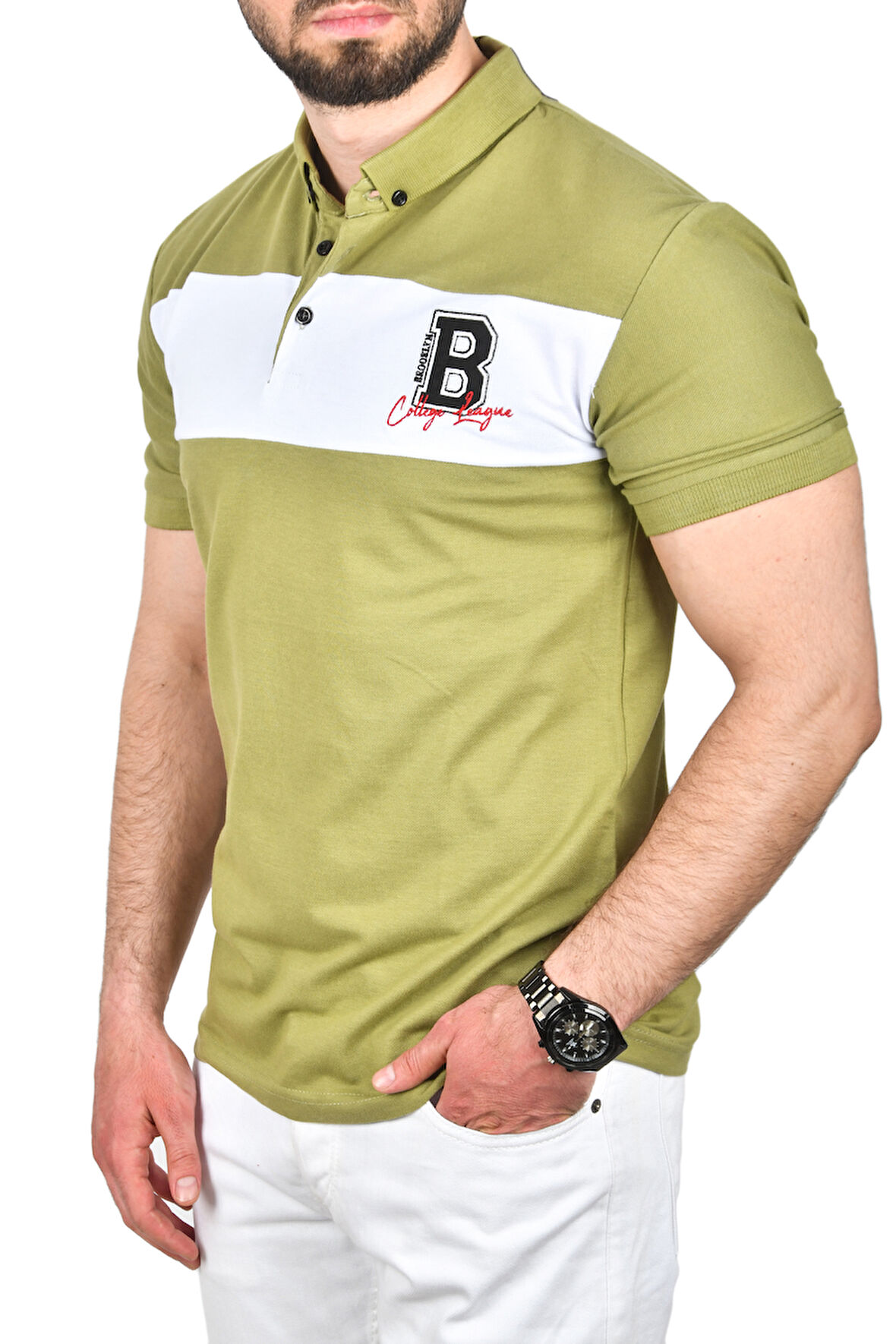 DeepSEA Erkek Yeşil Slim Fit Nefes Alan Pamuklu Kumaş Dar Kesim Kıvrılmaz Yaka Polo Yaka Tişört 2503019