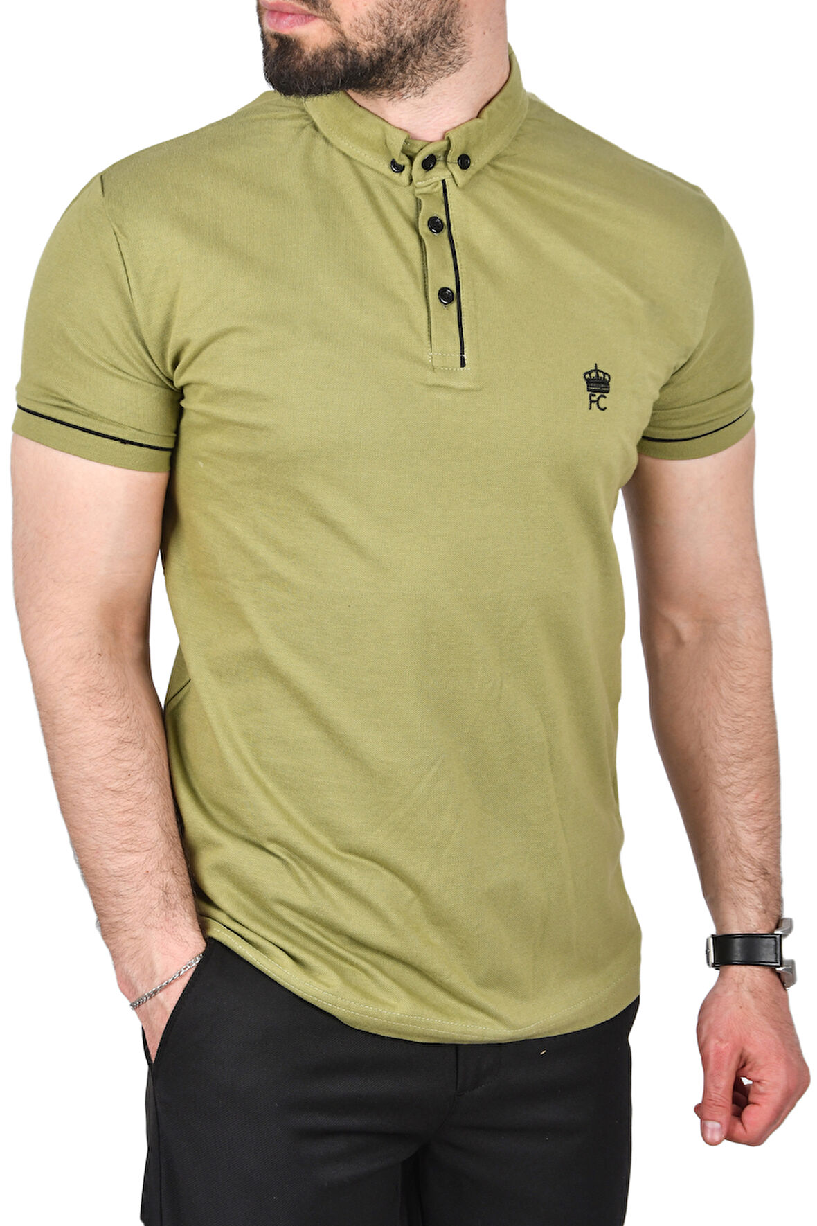 DeepSEA Erkek Yeşil Slim Fit Dar Kesim Pamuklu Pike Kumaş Polo Yaka Tişört Nefes Alan Kıvrılmaz Polo Yaka Tişört 2503020