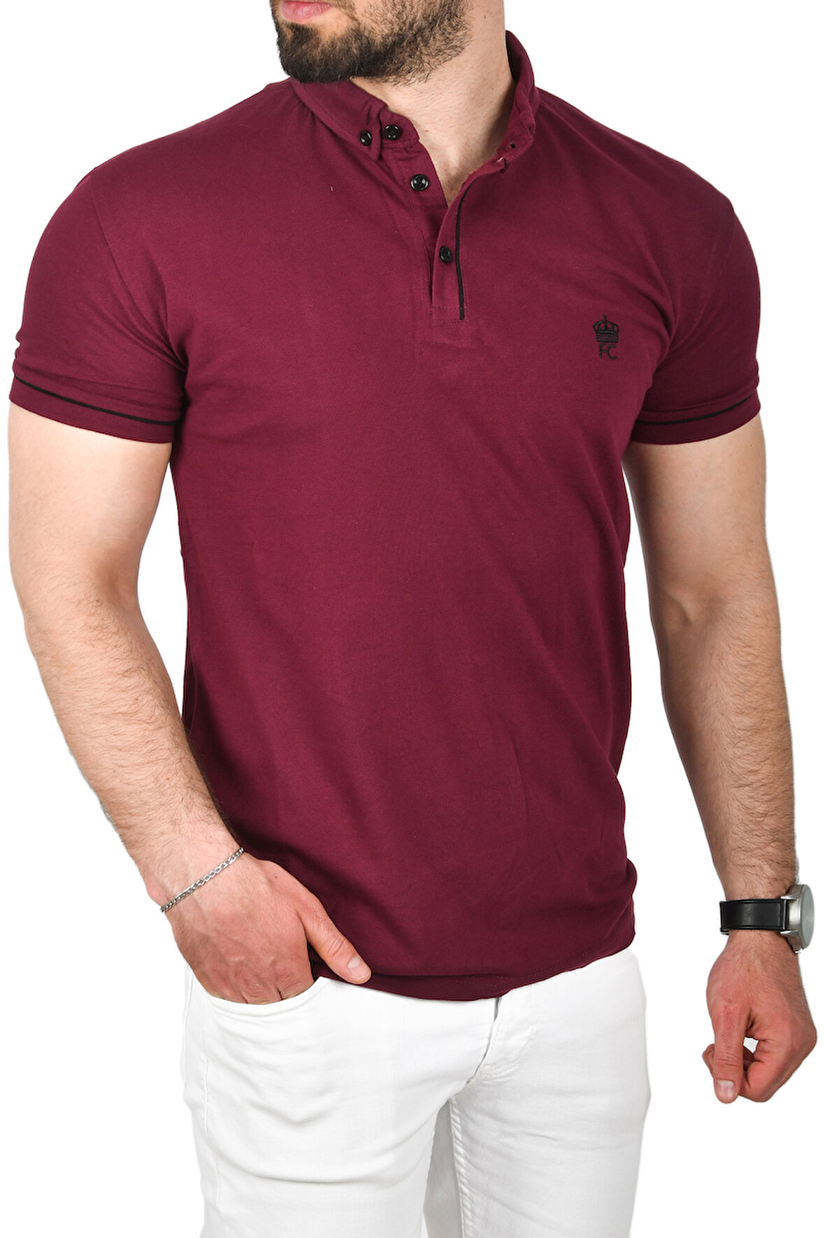 DeepSEA Erkek Bordo Slim Fit Dar Kesim Pamuklu Pike Kumaş Polo Yaka Tişört Nefes Alan Kıvrılmaz Polo Yaka Tişört 2503020