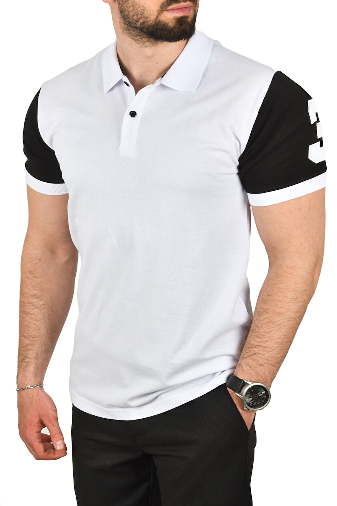 DeepSEA Erkek Beyaz Dar Kesim Pamuklu Polo Yaka Tişört Slim Fit Nefes Alan Kıvrılmaz Polo Yaka Tişört 2503022
