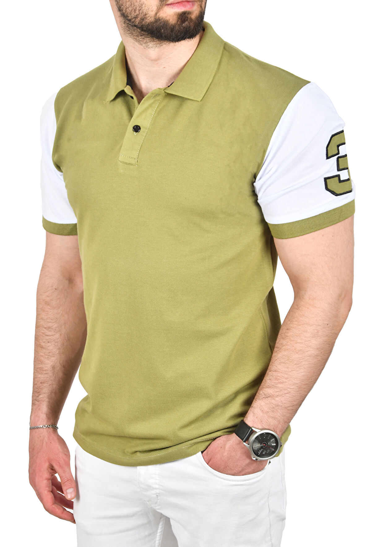 DeepSEA Erkek Yeşil Dar Kesim Pamuklu Polo Yaka Tişört Slim Fit Nefes Alan Kıvrılmaz Polo Yaka Tişört 2503022