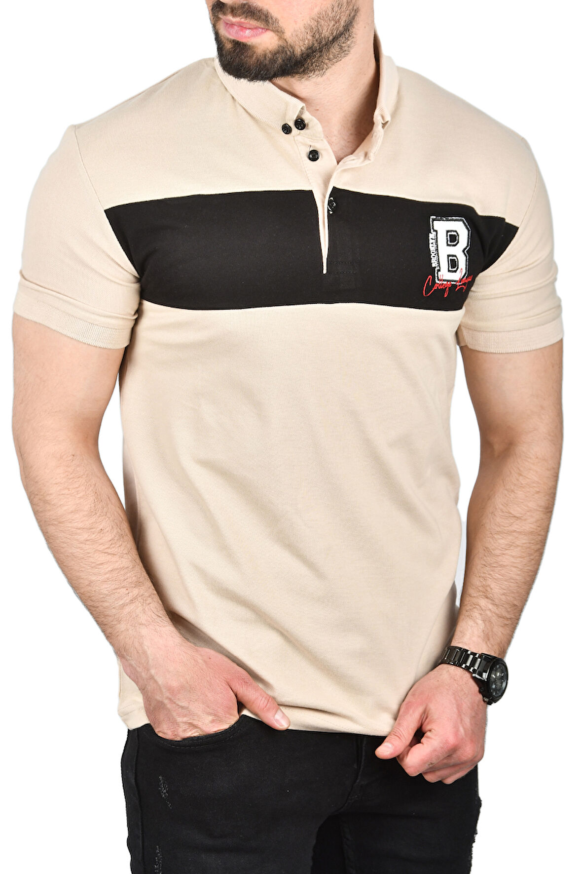 DeepSEA Erkek Bej Slim Fit Nefes Alan Pamuklu Kumaş Dar Kesim Kıvrılmaz Yaka Polo Yaka Tişört 2503019
