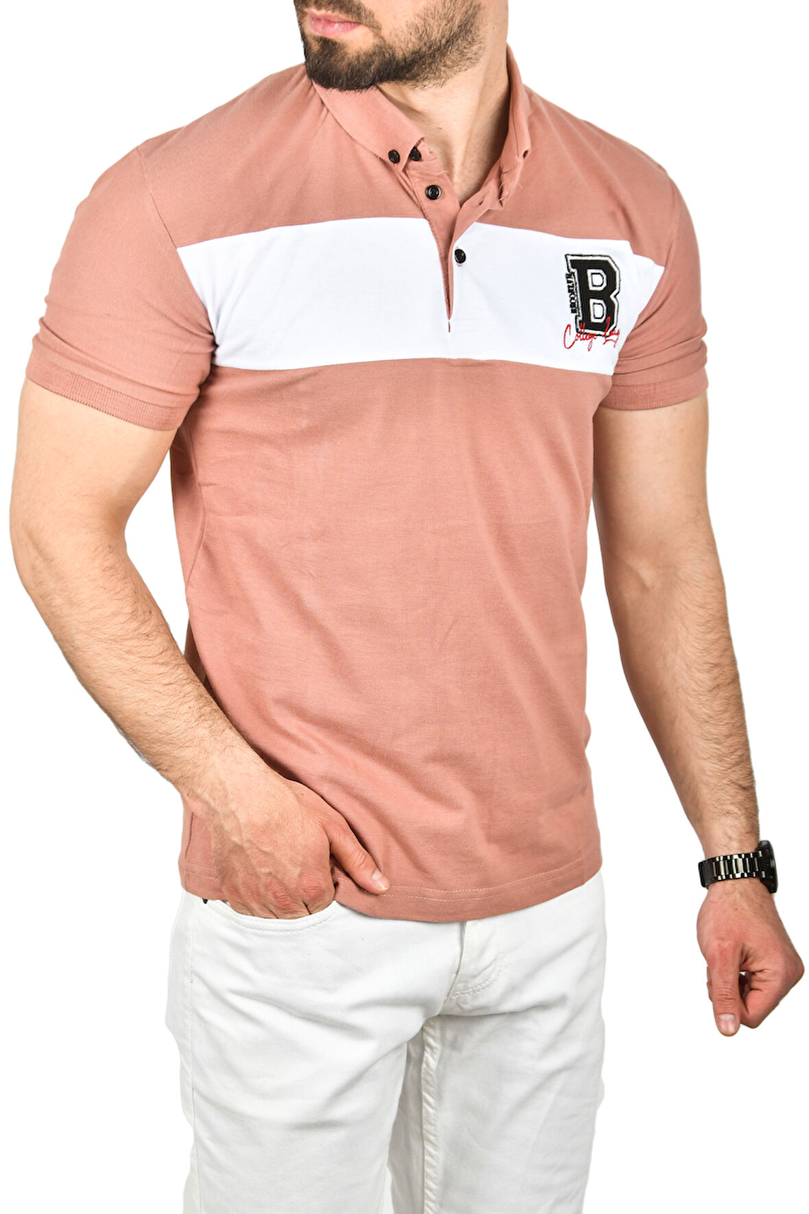 DeepSEA Erkek Pudra Slim Fit Nefes Alan Pamuklu Kumaş Dar Kesim Kıvrılmaz Yaka Polo Yaka Tişört 2503019