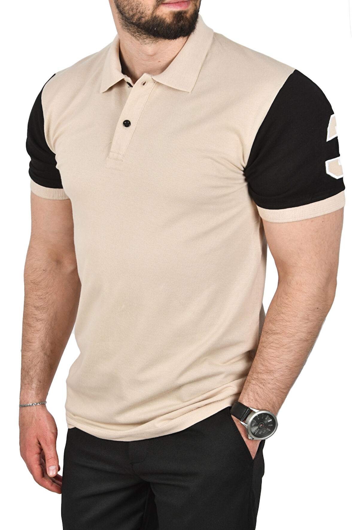 DeepSEA Erkek Bej Dar Kesim Pamuklu Polo Yaka Tişört Slim Fit Nefes Alan Kıvrılmaz Polo Yaka Tişört 2503022