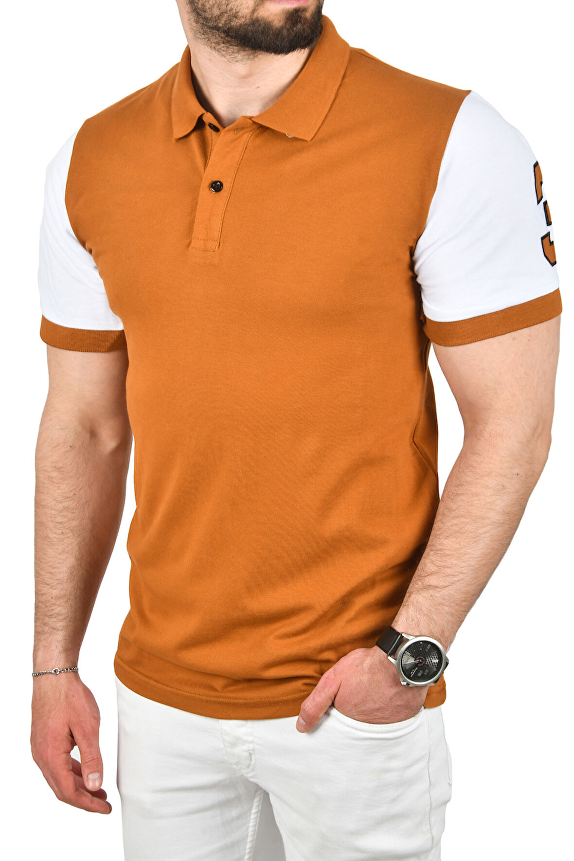 DeepSEA Erkek Taba Dar Kesim Pamuklu Polo Yaka Tişört Slim Fit Nefes Alan Kıvrılmaz Polo Yaka Tişört 2503022