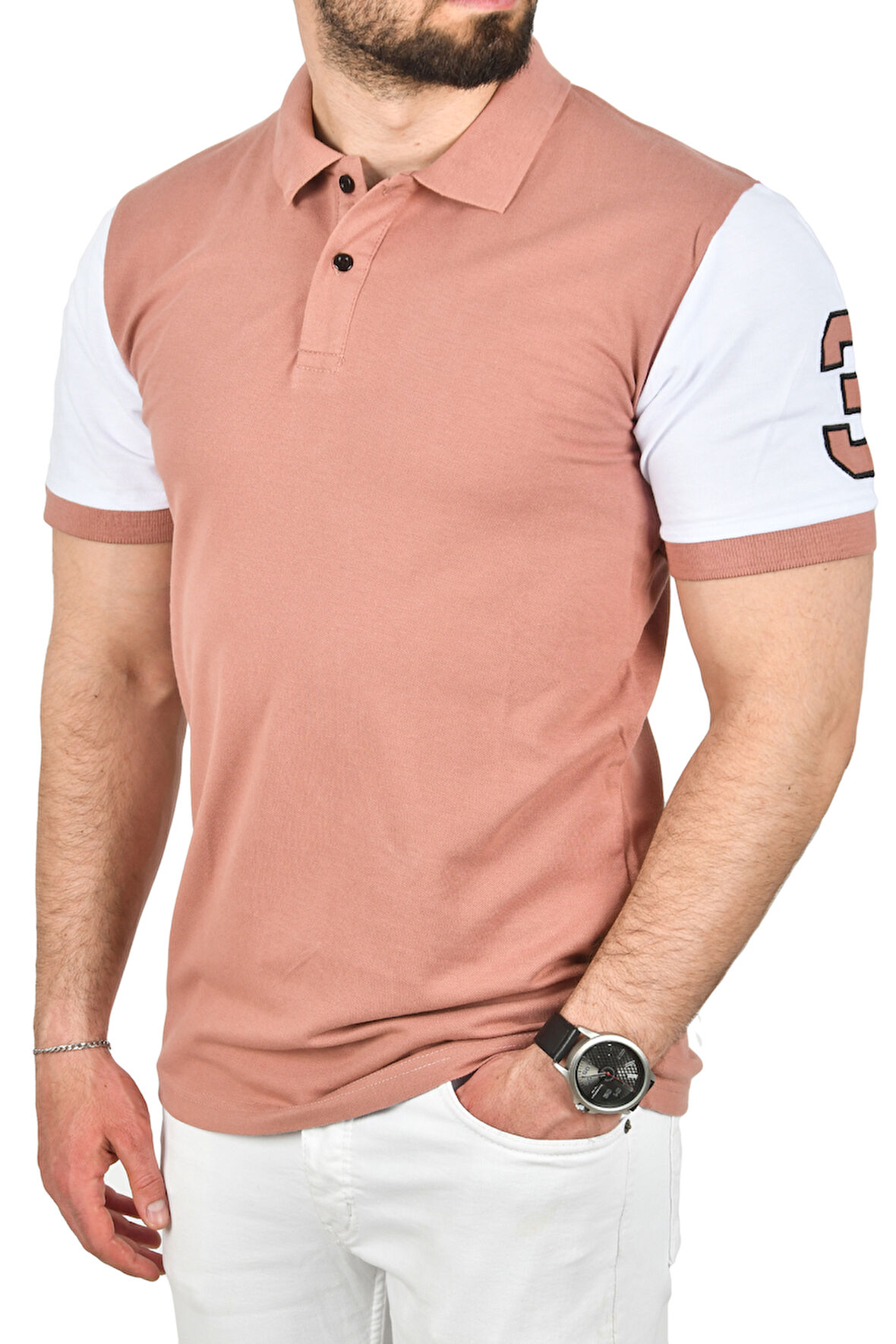 DeepSEA Erkek Pudra Dar Kesim Pamuklu Polo Yaka Tişört Slim Fit Nefes Alan Kıvrılmaz Polo Yaka Tişört 2503022