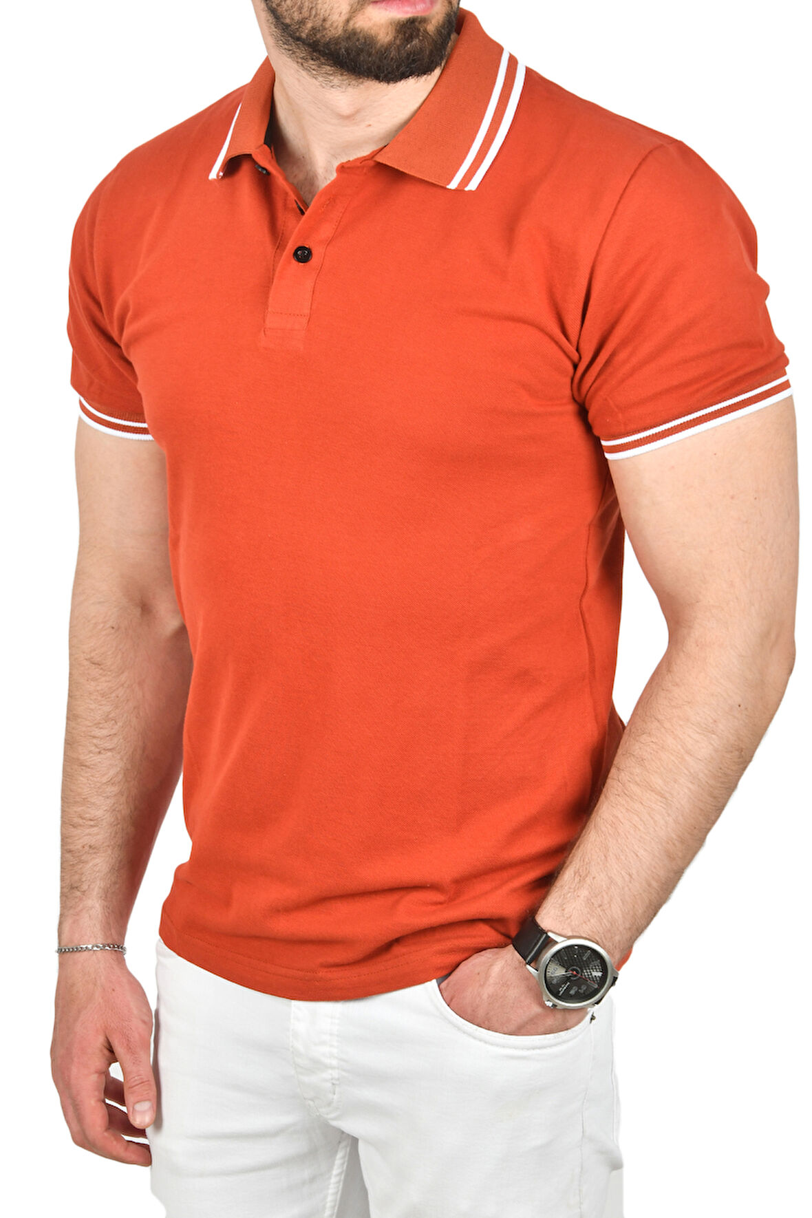 DeepSEA Erkek Kiremit Slim Fit Pamuklu Kumaş Polo Yaka Tişört Nefes Alan Dar Kesim Kıvrılmaz Yaka Tişört 2503021