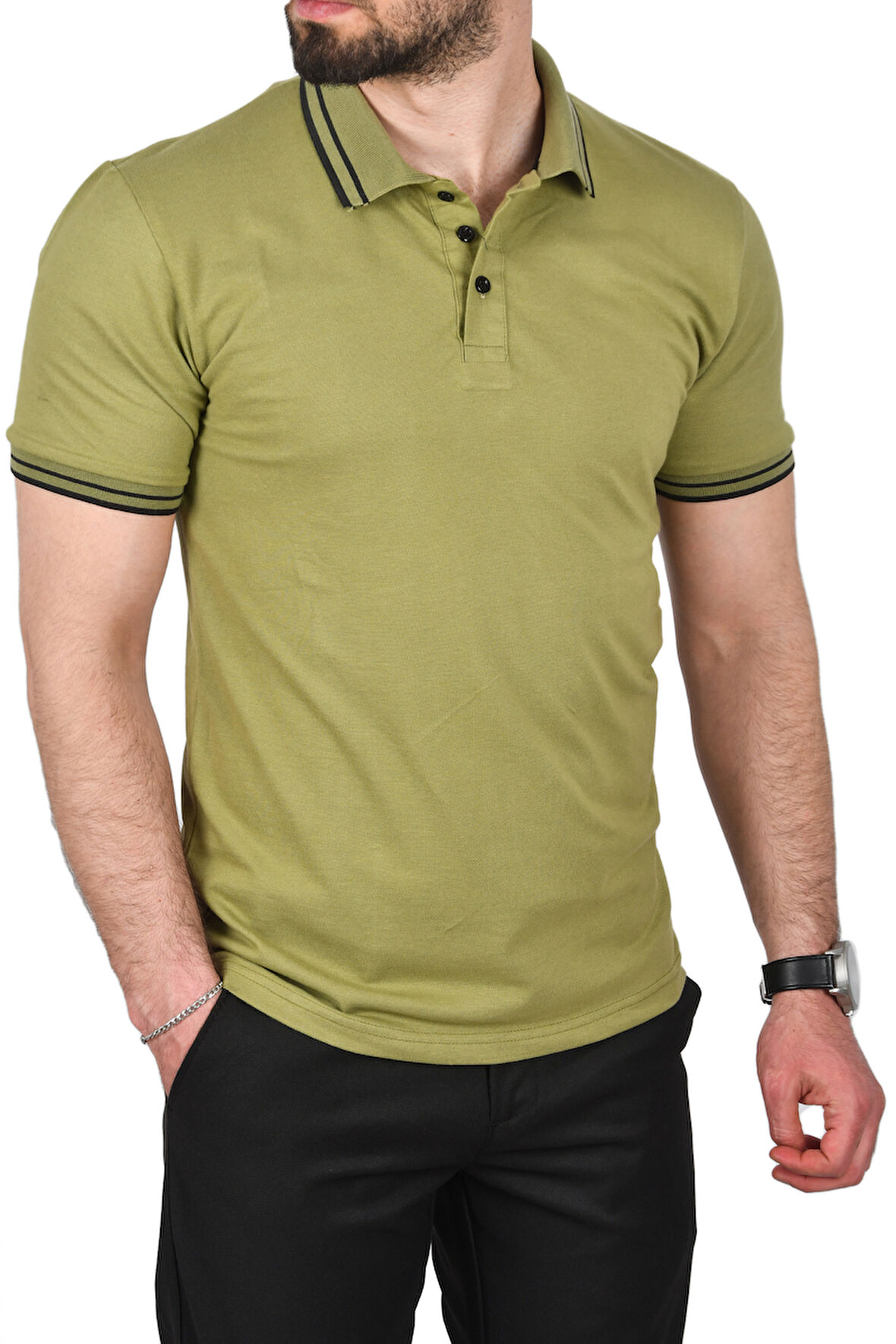 DeepSEA Erkek Yeşil Slim Fit Pamuklu Kumaş Polo Yaka Tişört Nefes Alan Dar Kesim Kıvrılmaz Yaka Tişört 2503021