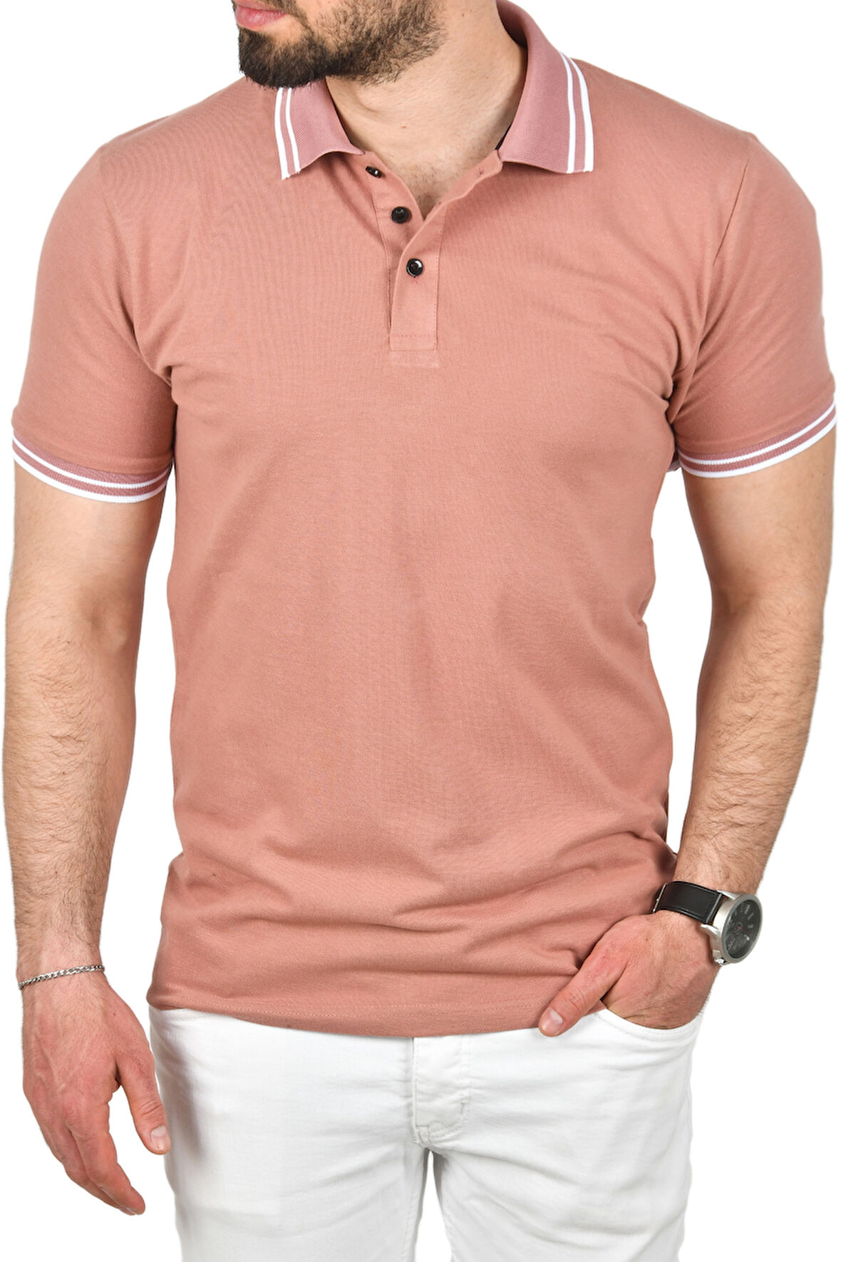 DeepSEA Erkek Pudra Slim Fit Pamuklu Kumaş Polo Yaka Tişört Nefes Alan Dar Kesim Kıvrılmaz Yaka Tişört 2503021