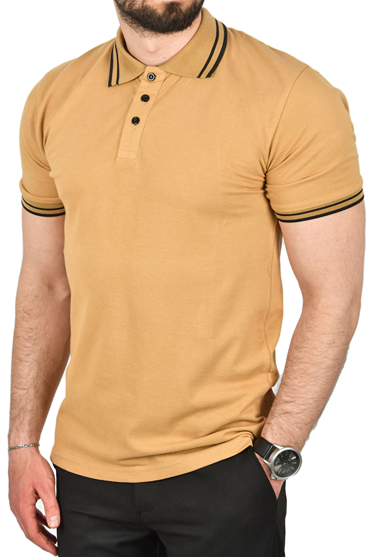 DeepSEA Erkek Camel Slim Fit Pamuklu Kumaş Polo Yaka Tişört Nefes Alan Dar Kesim Kıvrılmaz Yaka Tişört 2503021