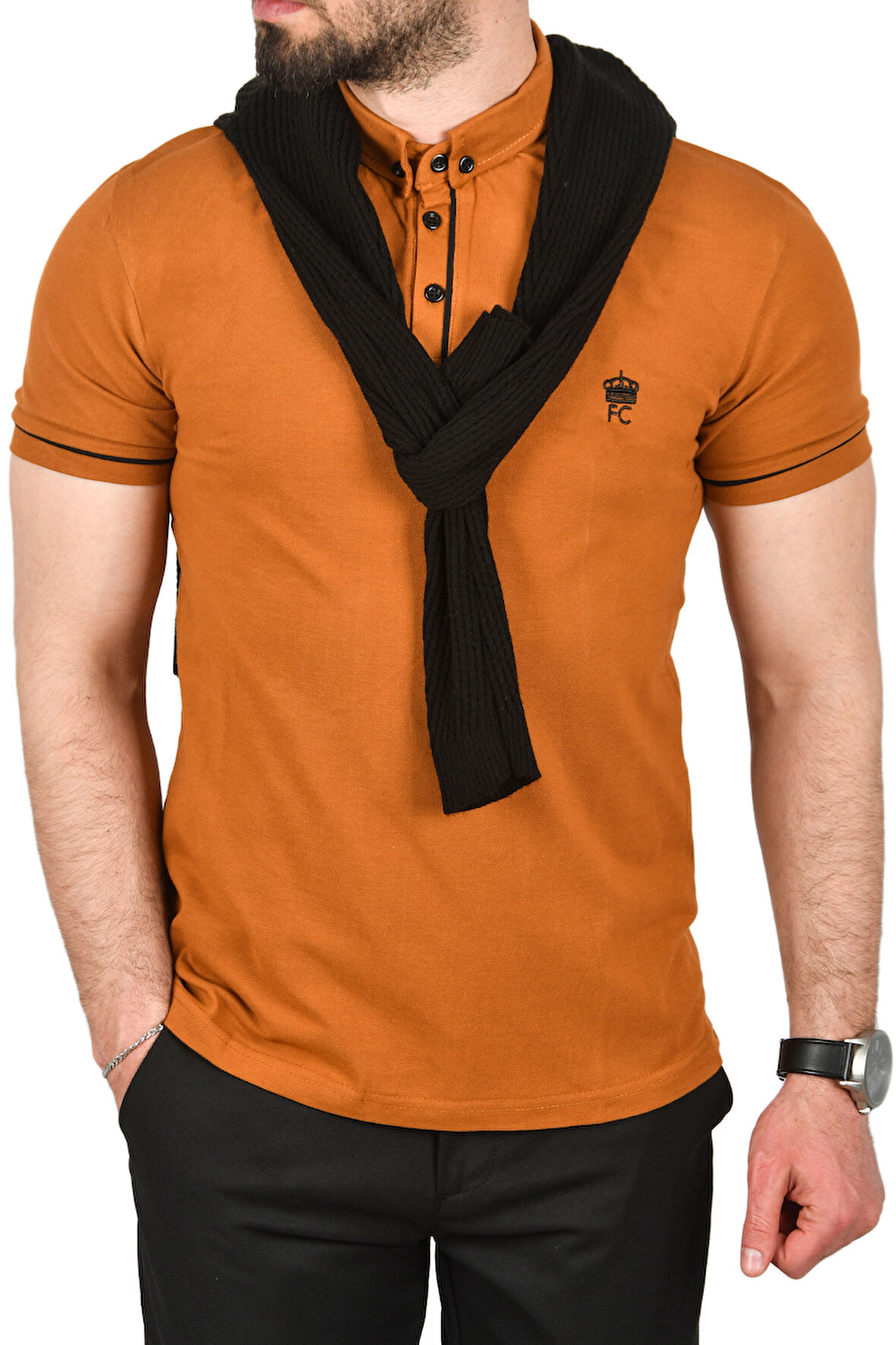DeepSEA Erkek Taba Slim Fit Dar Kesim Pamuklu Pike Kumaş Polo Yaka Tişört Nefes Alan Kıvrılmaz Polo Yaka Tişört 2503020
