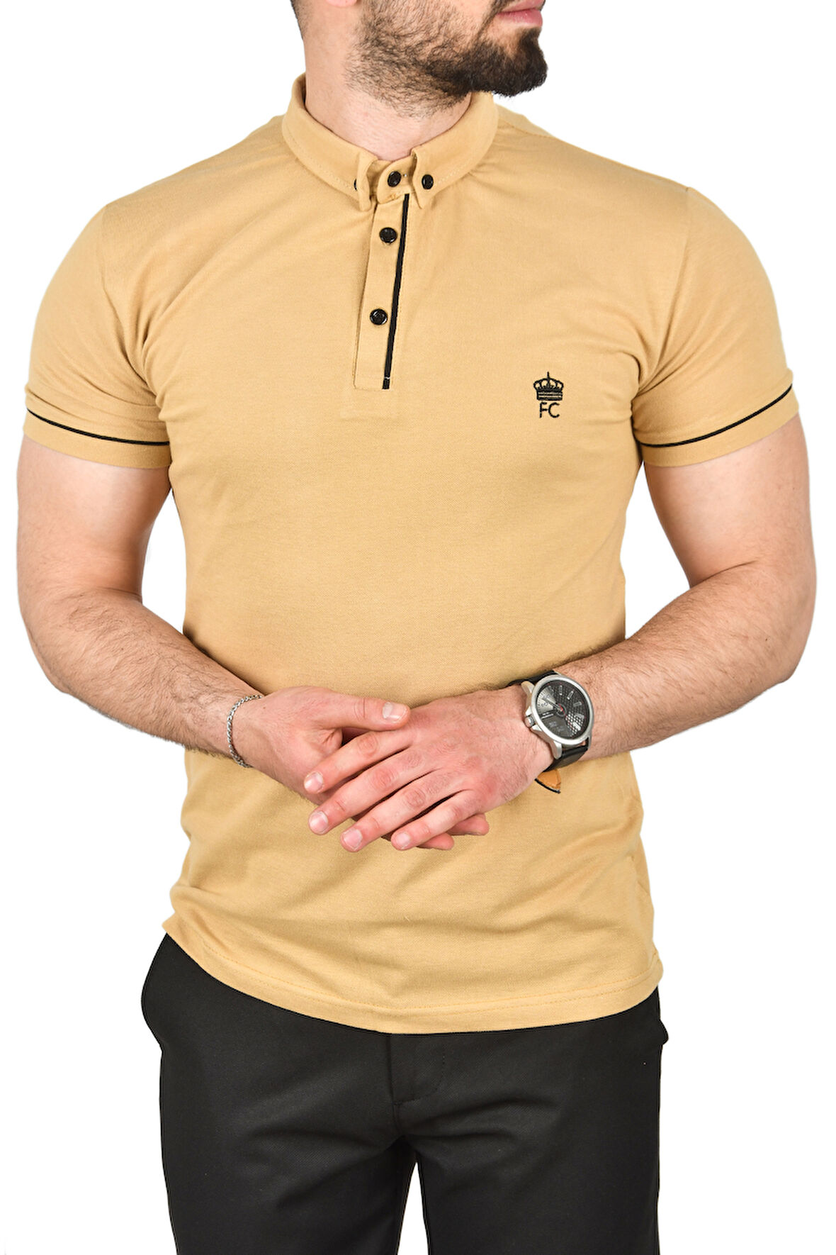 DeepSEA Erkek Camel Slim Fit Dar Kesim Pamuklu Pike Kumaş Polo Yaka Tişört Nefes Alan Kıvrılmaz Polo Yaka Tişört 2503020