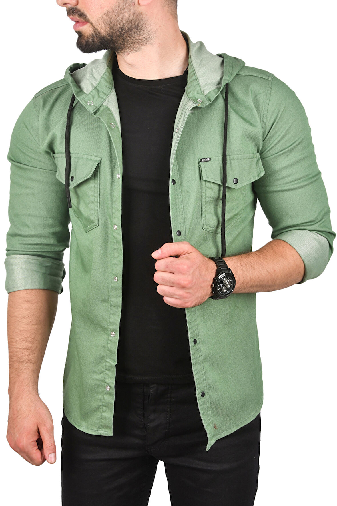 DeepSEA Erkek Yeşil Kapüşonlu Slim Fit Dar Kesim Gömlek Likralı Pamuklu Likralı Kot Gömlek 2300396