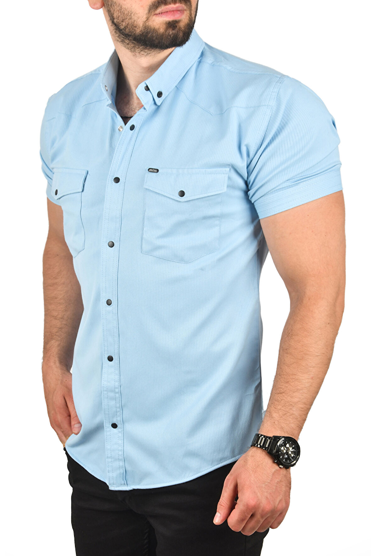 DeepSEA Erkek Mavi Slim Fit Pamuklu Likralı Kısa Kol Gömlek Kolay Ütülenebilir Çıt Çıtlı Cepli Spor Gömlek 2400253