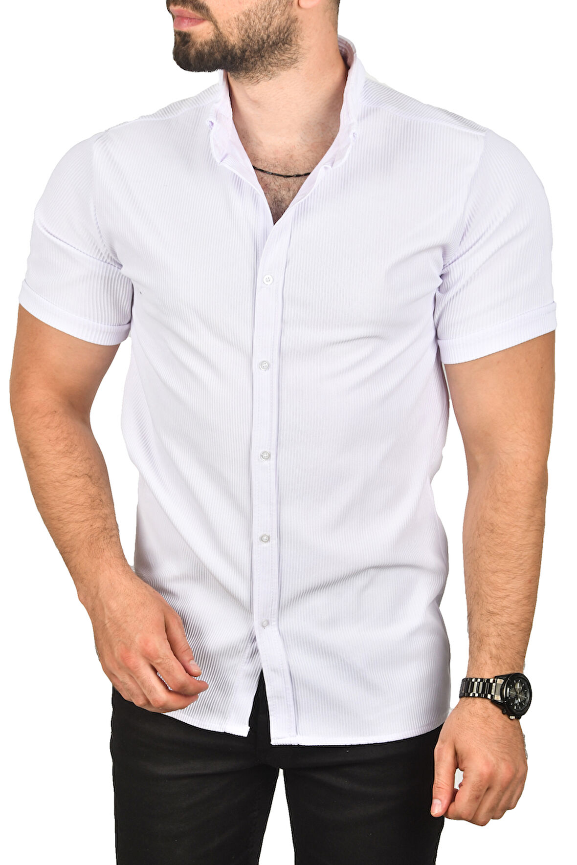 DeepSEA Erkek Beyaz Slim Fit Likralı Spor Gömlek Dar Kesim Jakar Kumaş Kısa Kol Gömlek 2500804