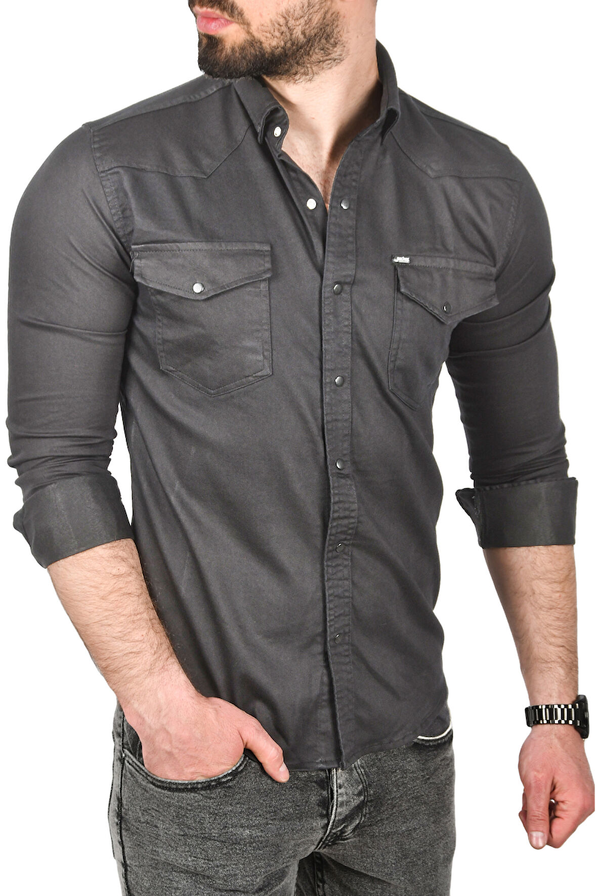 DeepSEA Erkek Füme Slim Fit Pamuklu Cepli Kot Gömlek Çıtçıtlı Uzun Kollu Spor Gömlek 2502503