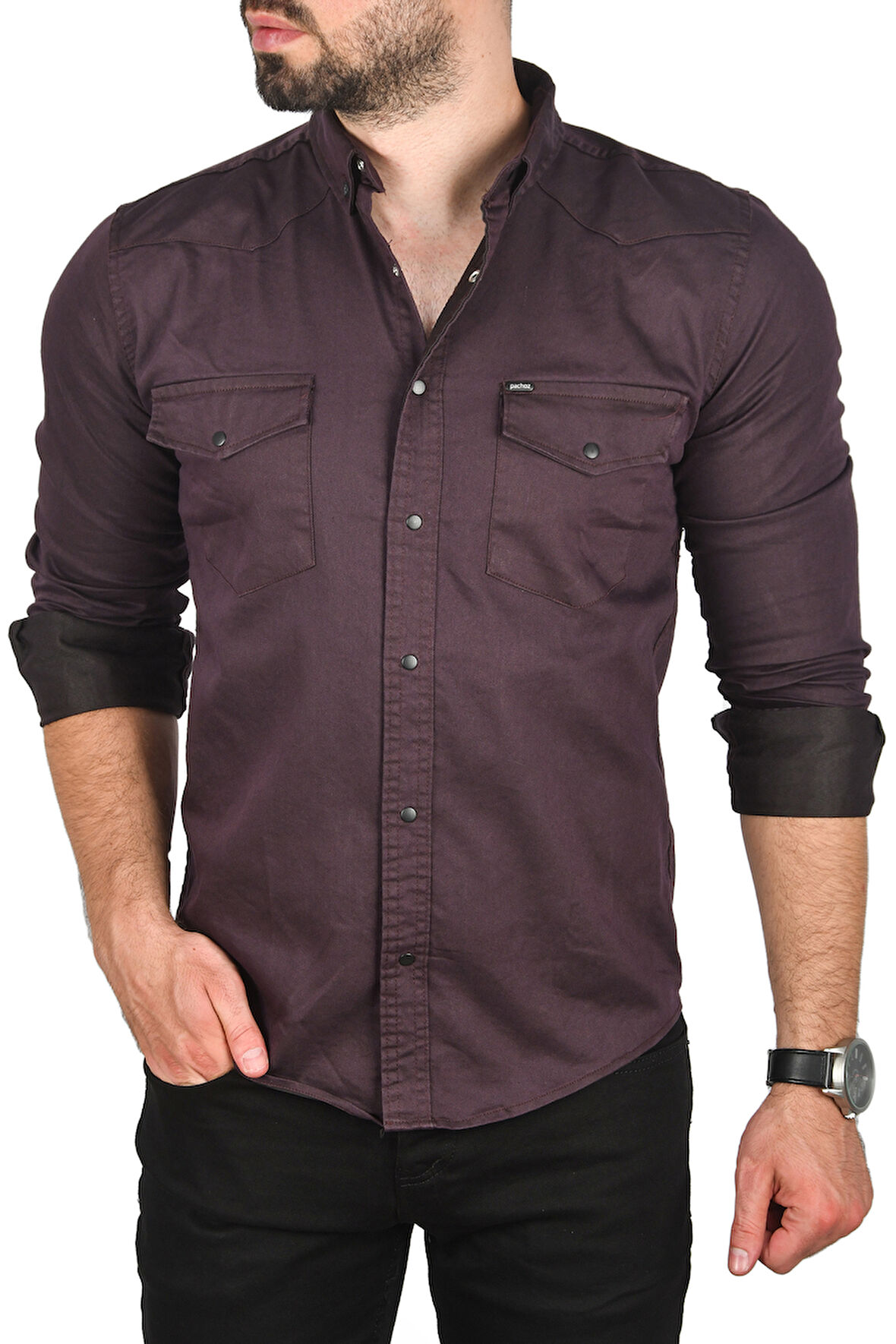 DeepSEA Erkek Mürdüm Slim Fit Pamuklu Cepli Kot Gömlek Çıtçıtlı Uzun Kollu Spor Gömlek 2502503