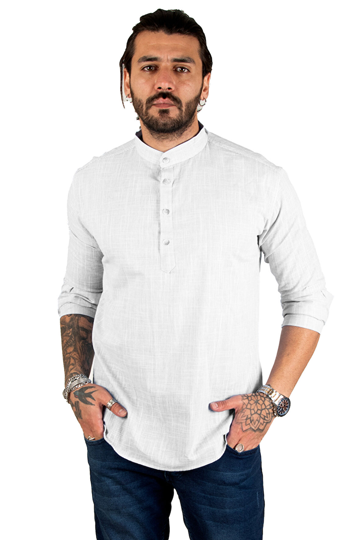 DeepSEA Erkek Gri Yarım Düğmeli Çizgili Hakim Yaka Ham Keten Uzun Kollu Gömlek 2201914