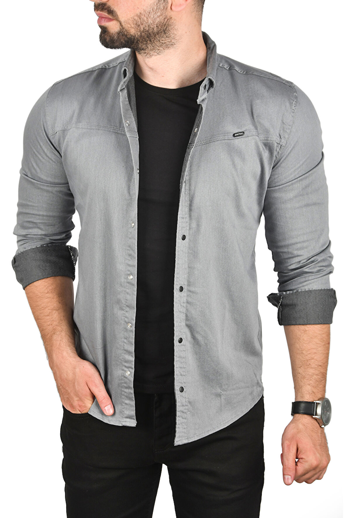 DeepSEA Erkek Gri Slim Fit Pamuklu Kot Gömlek Kolay Ütülenebilir Çıt Çıtlı Likralı Spor Gömlek 2502504