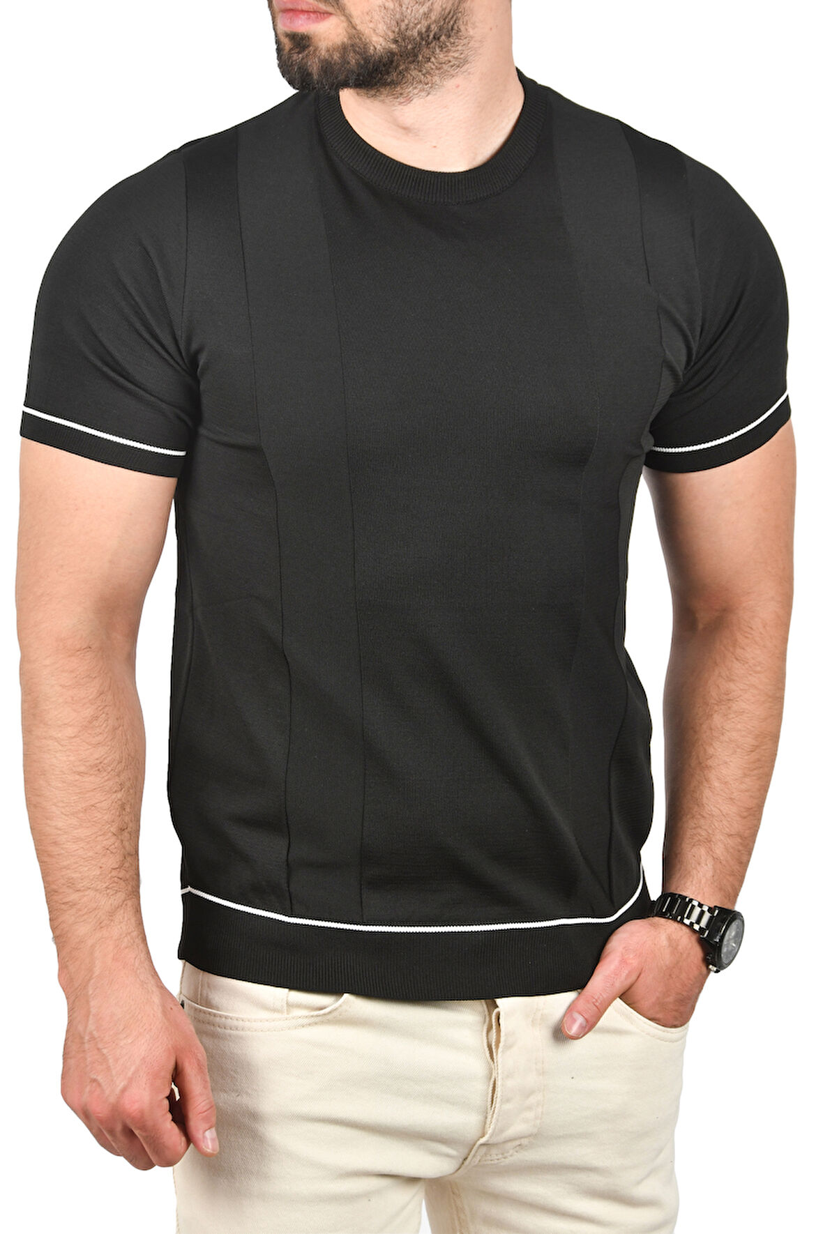 DeepSEA Erkek Siyah Dar Kesim Pamuklu Tişört Slim Fit Nefes Alan Bisiklet Yaka Triko Tişört 2504347