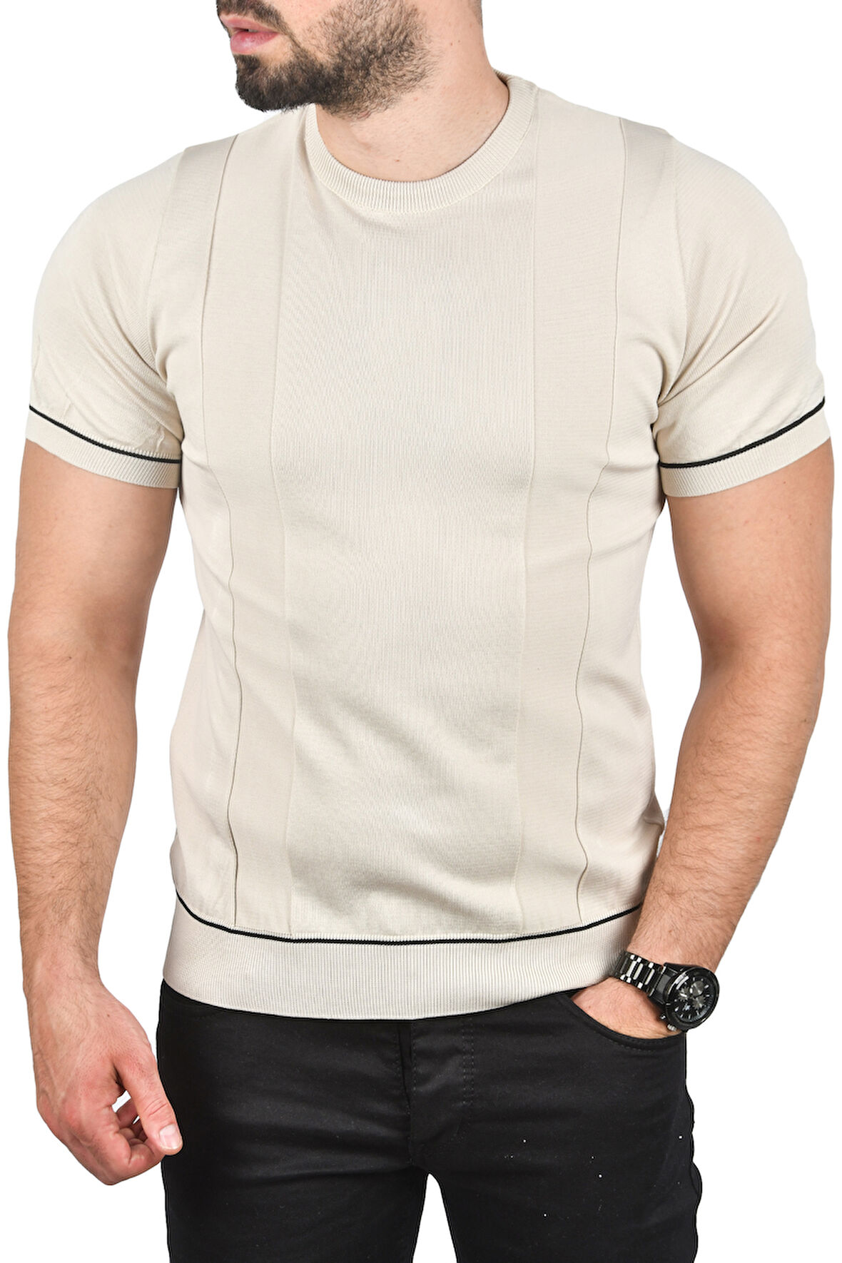 DeepSEA Erkek Bej Dar Kesim Pamuklu Tişört Slim Fit Nefes Alan Bisiklet Yaka Triko Tişört 2504347