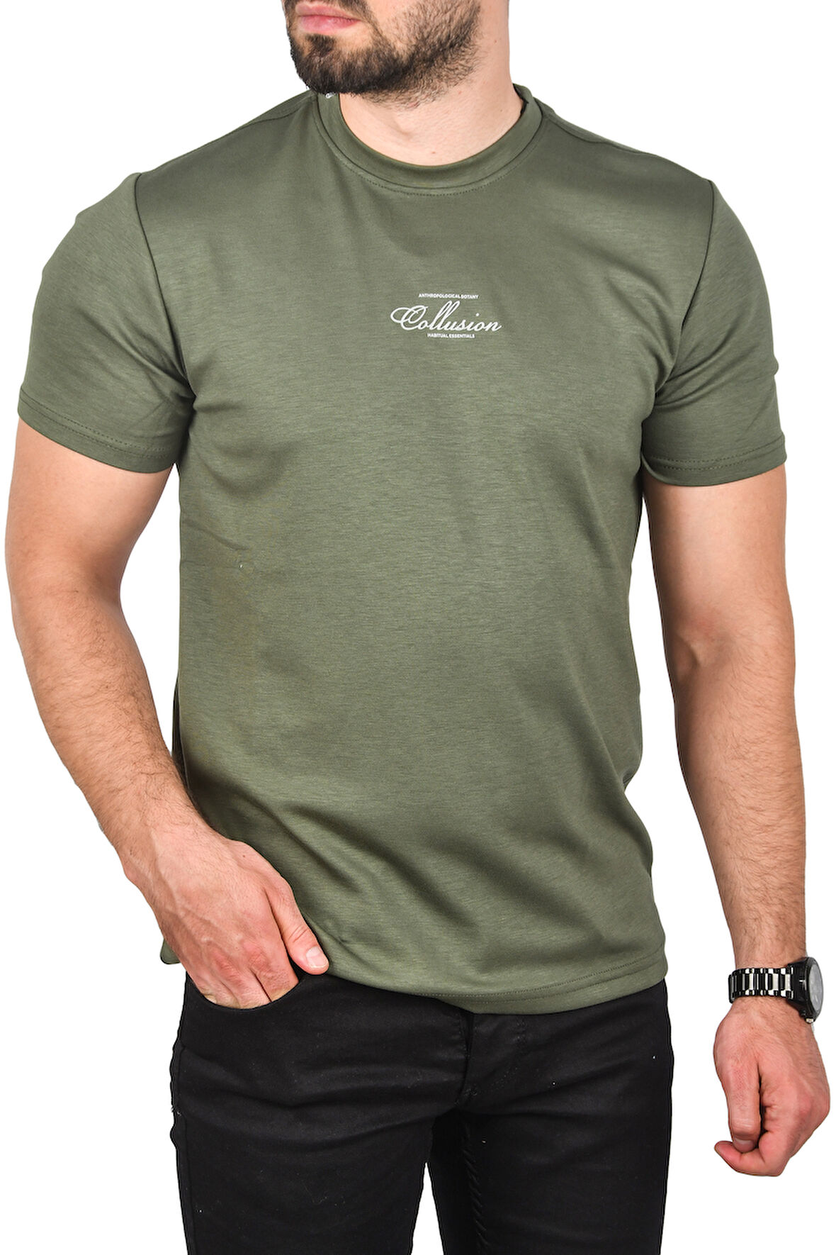 DeepSEA Erkek Haki Bisiklet Yaka Dar Kesim Pamuklu Tişört Nefes Alan Yumuşak Dokulu Tişört 2504350