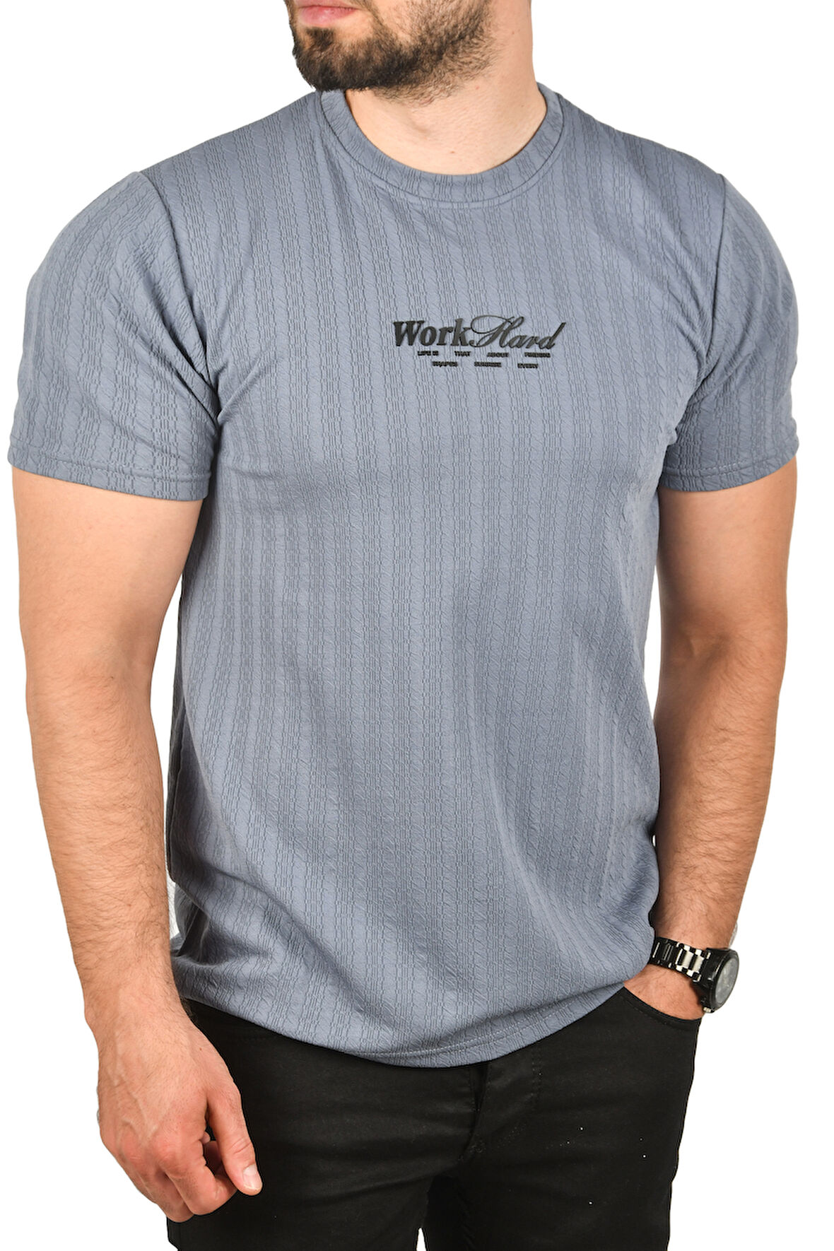 DeepSEA Erkek Mavi Dar Kesim Pamuklu Tişört Slim Fit Nefes Alan Yumuşak Dokulu Tişört 2504351