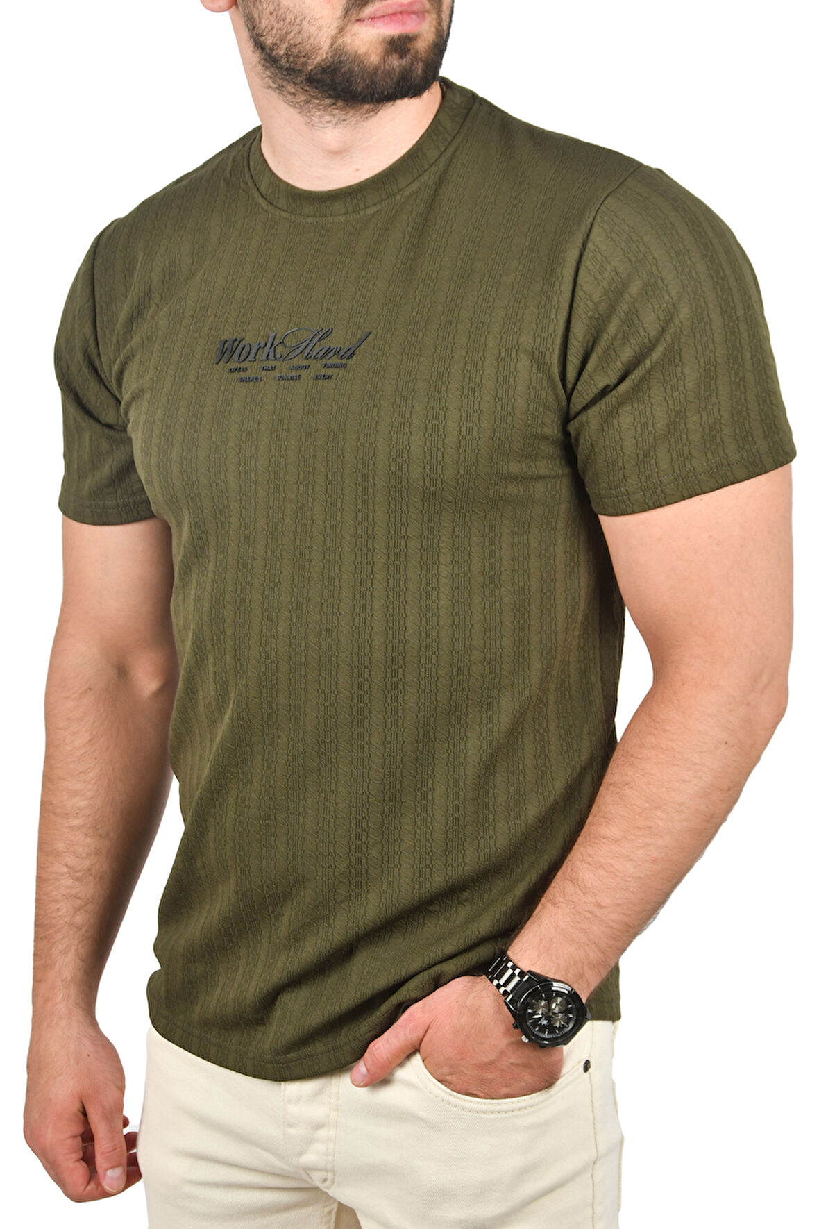 DeepSEA Erkek Haki Dar Kesim Pamuklu Tişört Slim Fit Nefes Alan Yumuşak Dokulu Tişört 2504351