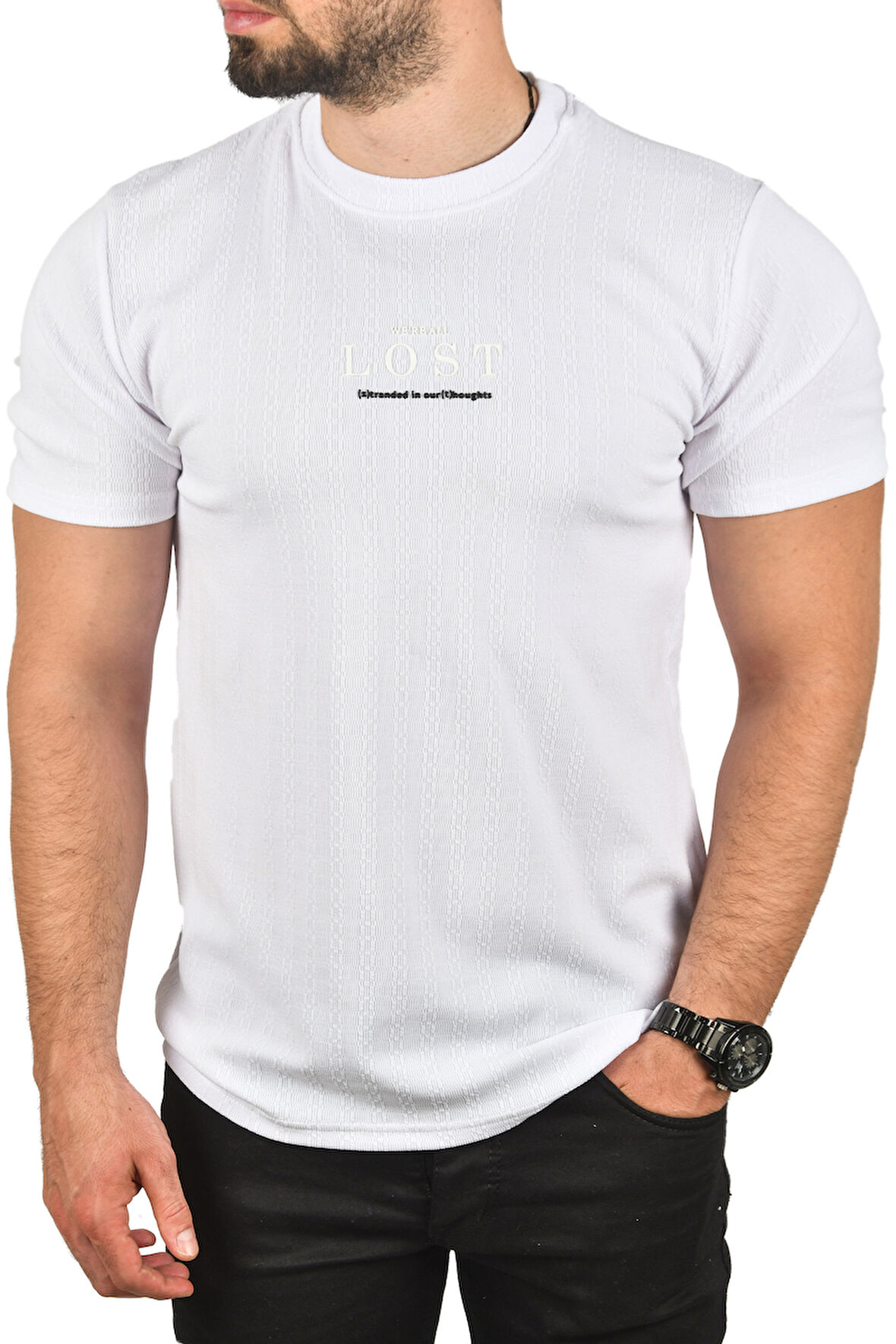 DeepSEA Erkek Beyaz Nefes Alan Pamuklu Tişört Bisiklet Yaka Dar Kesim Yumuşak Dokulu Tişört 2504352