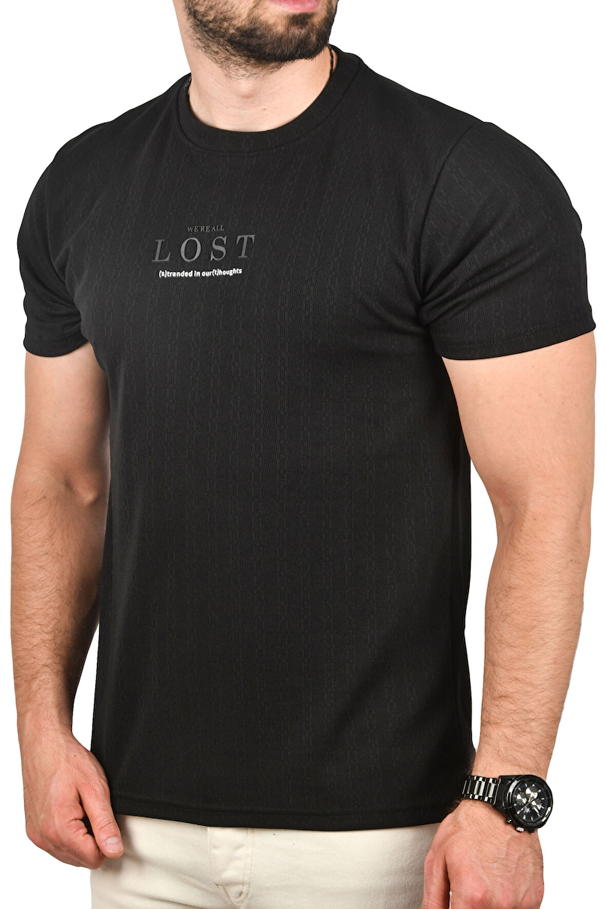 DeepSEA Erkek Siyah Nefes Alan Pamuklu Tişört Bisiklet Yaka Dar Kesim Yumuşak Dokulu Tişört 2504352