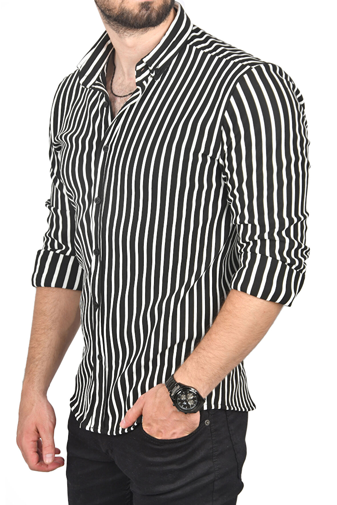 DeepSEA Erkek Siyah Slim Fit Dar Kesim Çizgili Spor Gömlek Pamuklu Likralı Gömlek 2501112