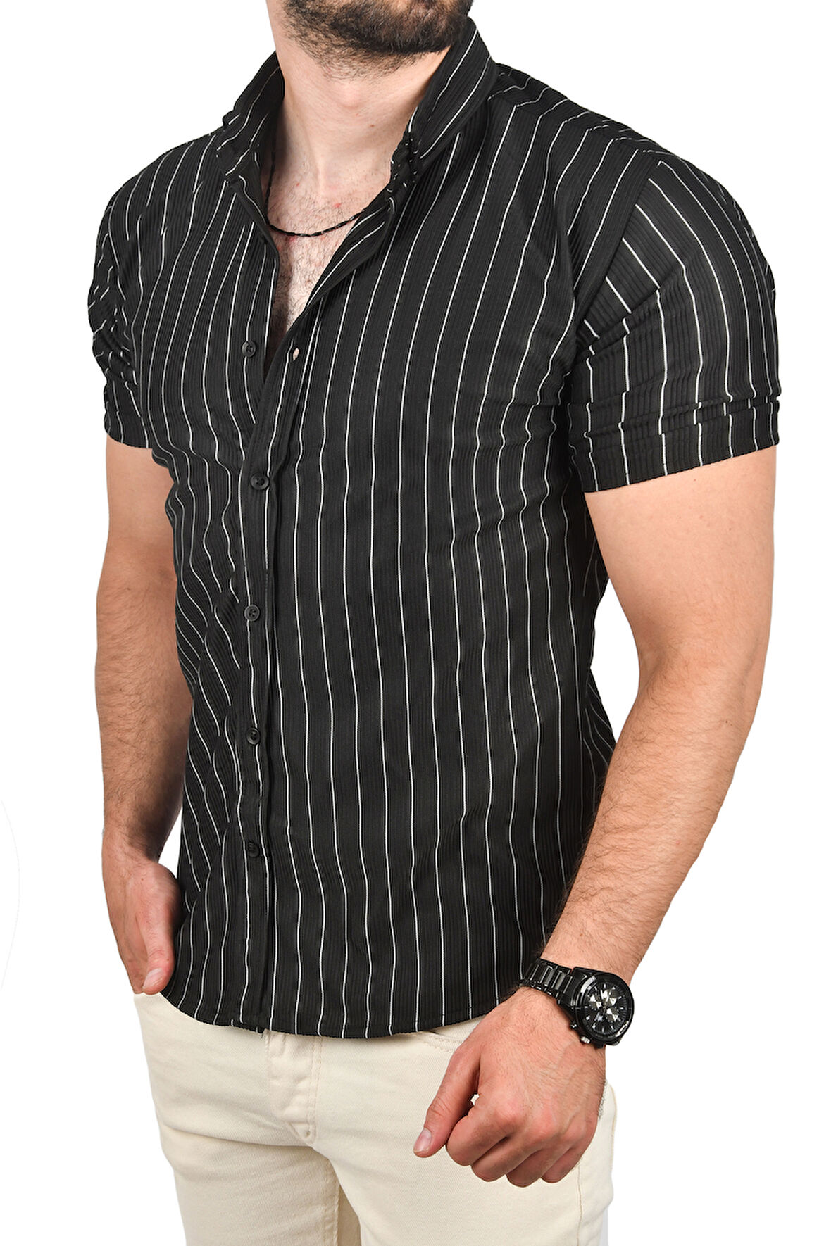 DeepSEA Erkek Siyah Slim Fit Likralı Spor Gömlek Dar Kesim Çizgili Kısa Kol Gömlek 2501218