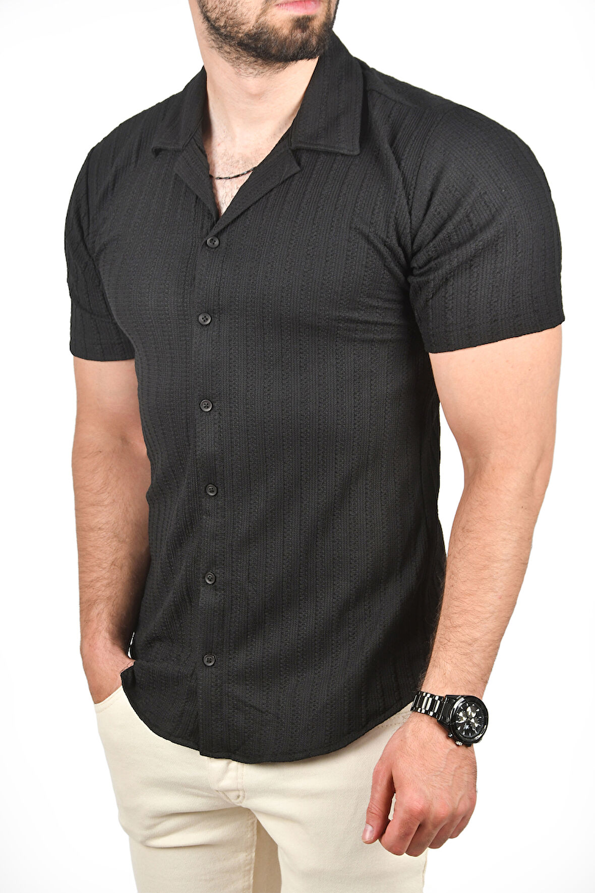 DeepSEA Erkek Siyah Slim Fit Pamuklu Apaş Yaka Kısa Kol Penye  Gömlek Dokulu Jakar Kumaş Dar Kesim Spor Gömlek 2501216