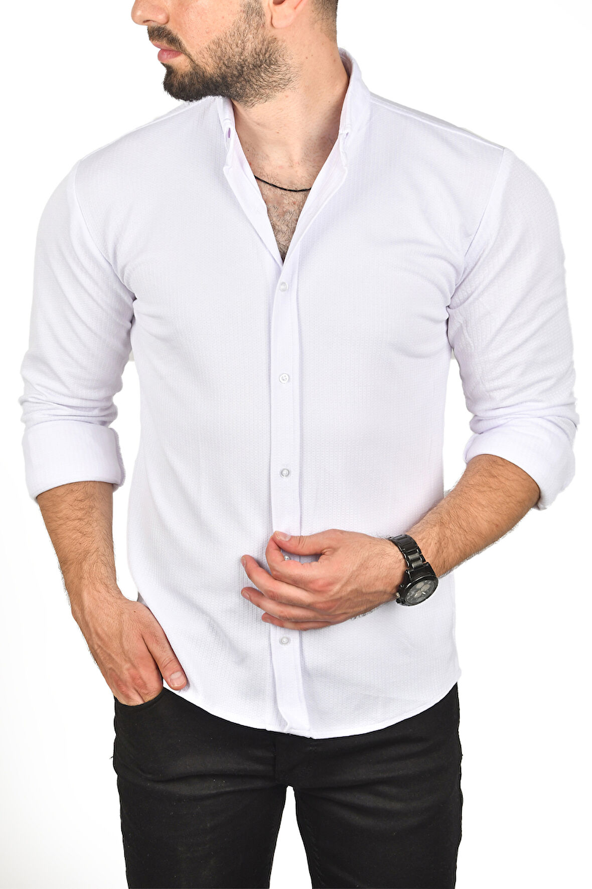 DeepSEA Erkek Beyaz Slim Fit Dar Kesim Pamuklu Spor Gömlek Jakar Kumaş Likralı Gömlek 2500552