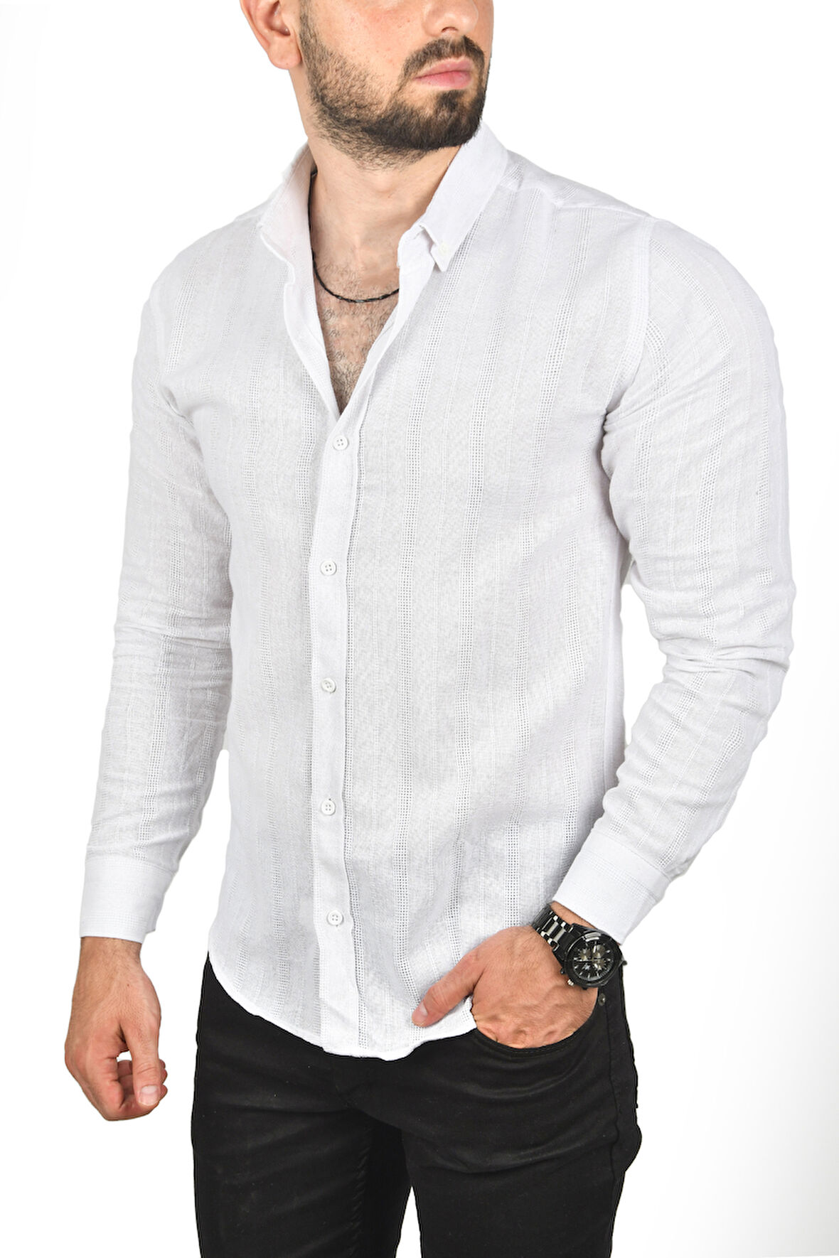 DeepSEA Erkek Beyaz Slim Fit %100 Pamuk Keten Gömlek Dar Kesim Dokulu Keten Gömlek 2501301