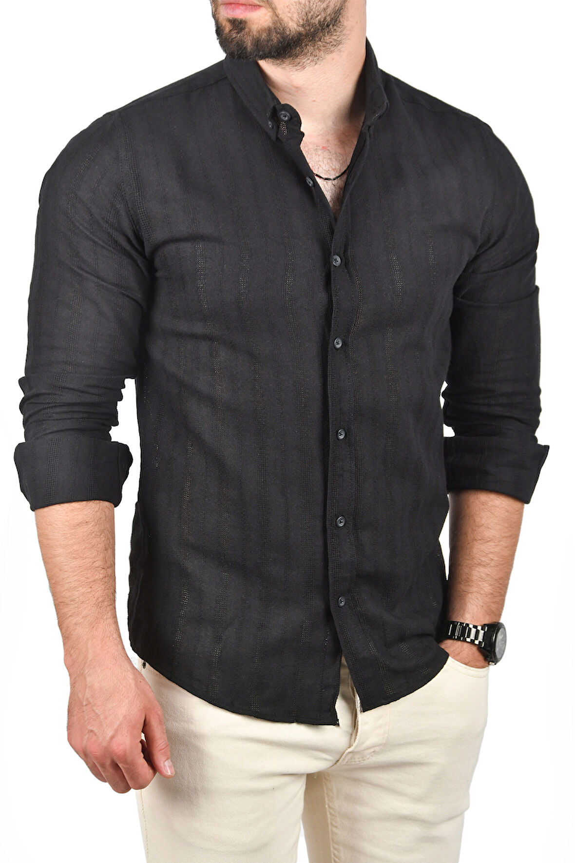 DeepSEA Erkek Siyah Slim Fit %100 Pamuk Keten Gömlek Dar Kesim Dokulu Keten Gömlek 2501301