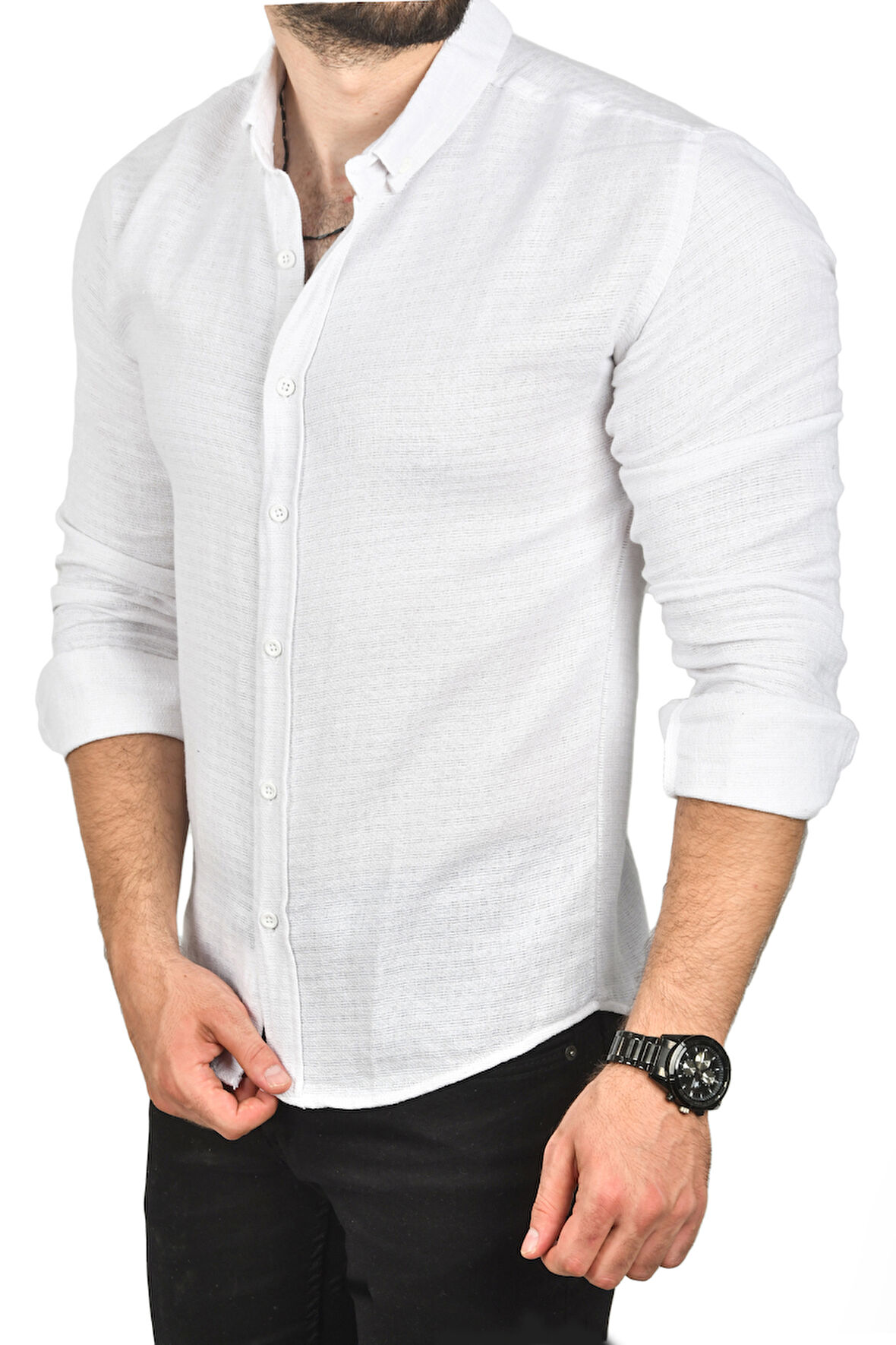 DeepSEA Erkek Beyaz Slim Fit %100 Pamuk Keten Gömlek Dar Kesim Dokulu Keten Gömlek 2501302