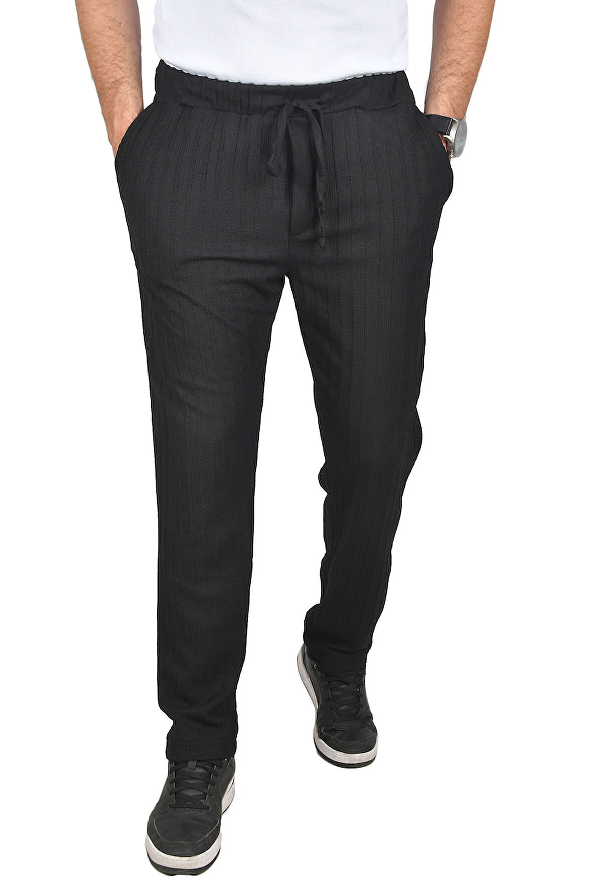 DeepSEA Erkek Siyah Rahat Kesim Örme Kumaş Beli Lastikli İnce Spor Pantolon 2502216