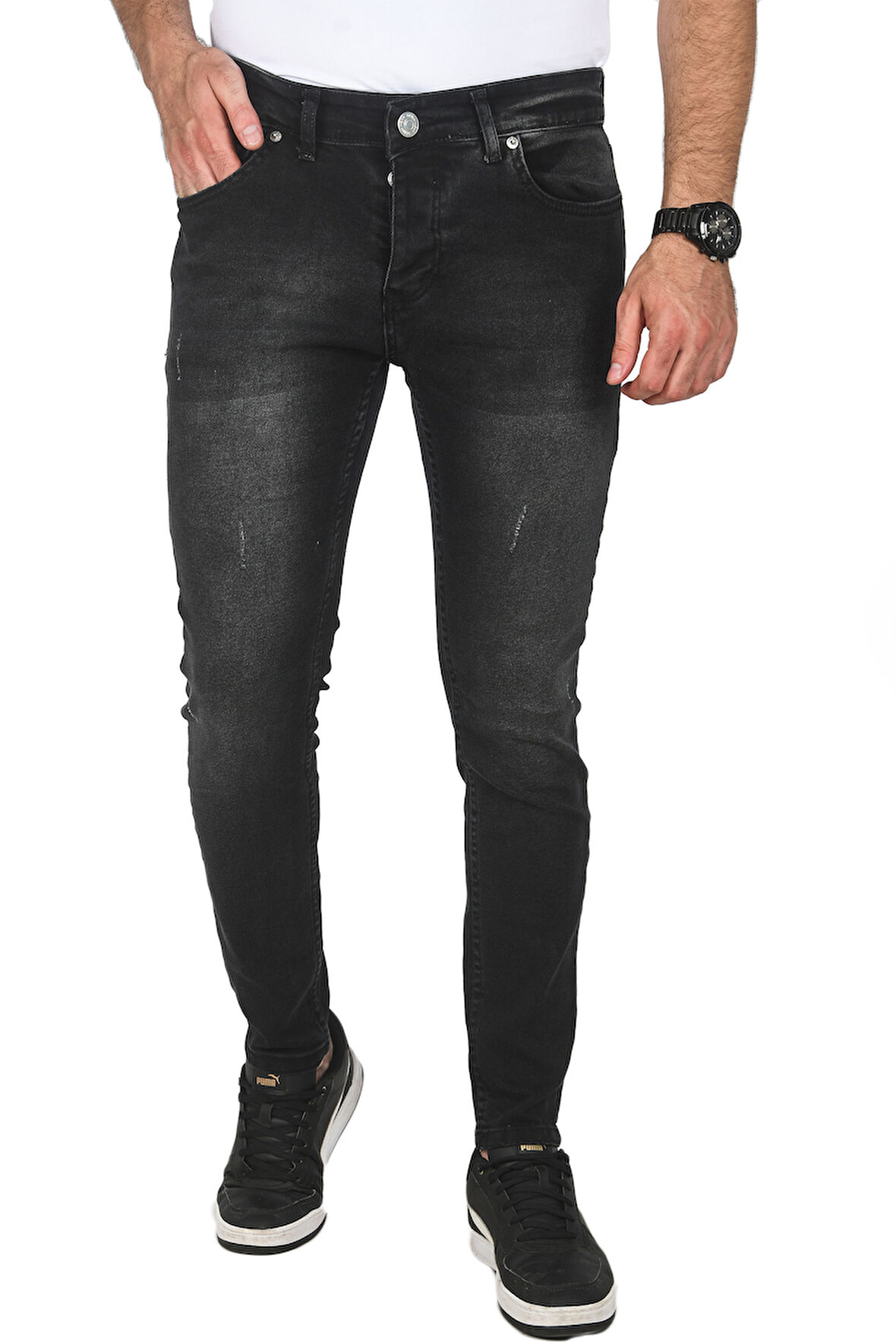 DeepSEA Erkek Siyah Jeans Skinny Fit Likralı Taşlanmış Kot Pantolon 2508588