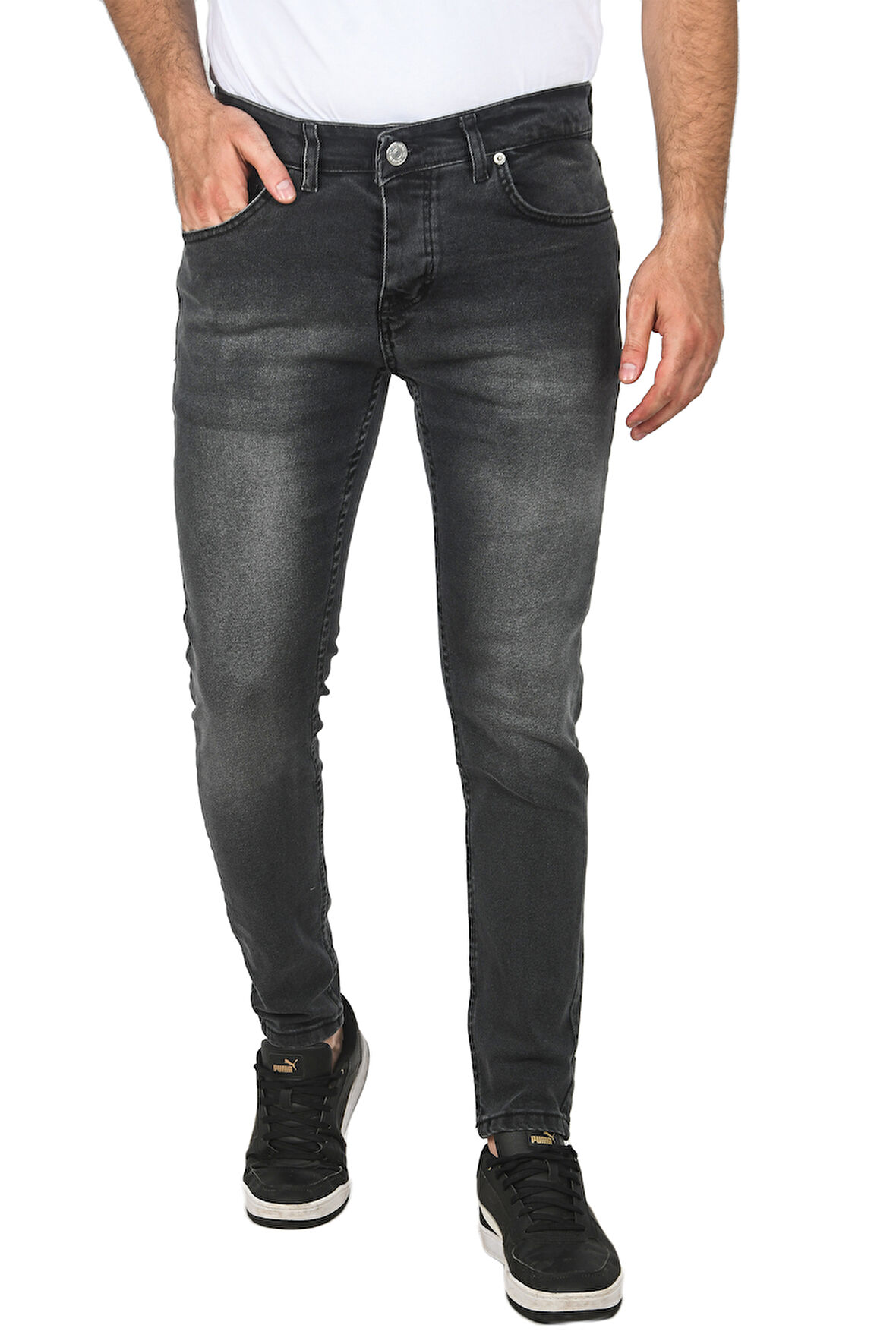 DeepSEA Erkek Antrasit Slim Fit Dar Kesim Likralı Jeans Taşlanmış Kot Pantolon 2508187
